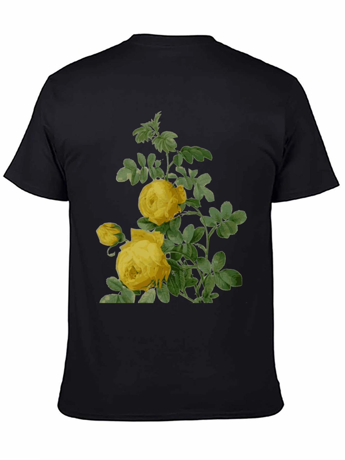Botanical Yellow Rose Print Black T-Shirt