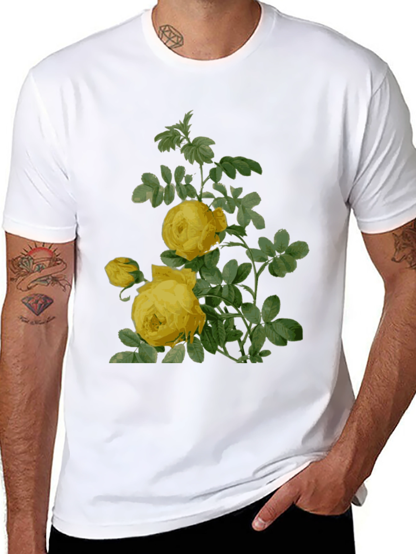 Botanical Yellow Rose Print Black T-Shirt