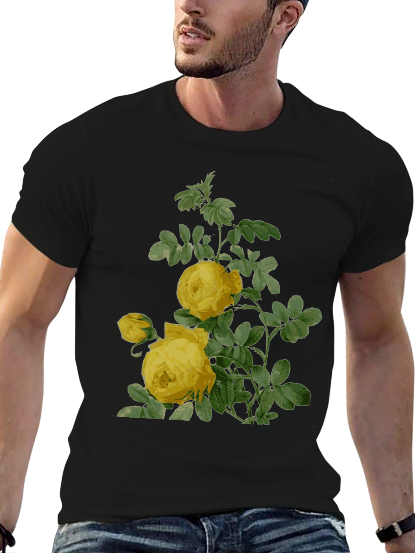 Botanical Yellow Rose Print Black T-Shirt