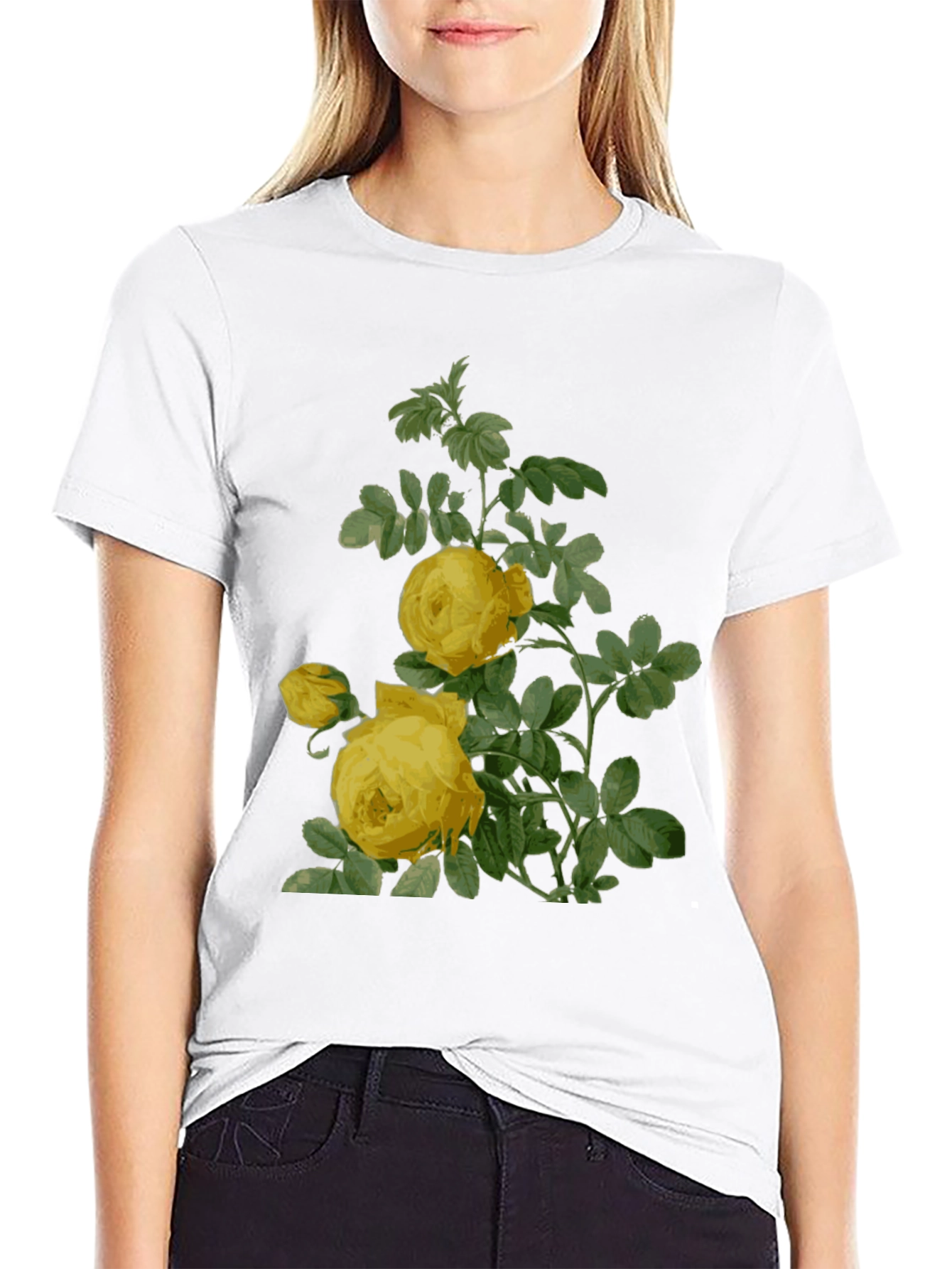 Botanical Yellow Rose Print Black T-Shirt