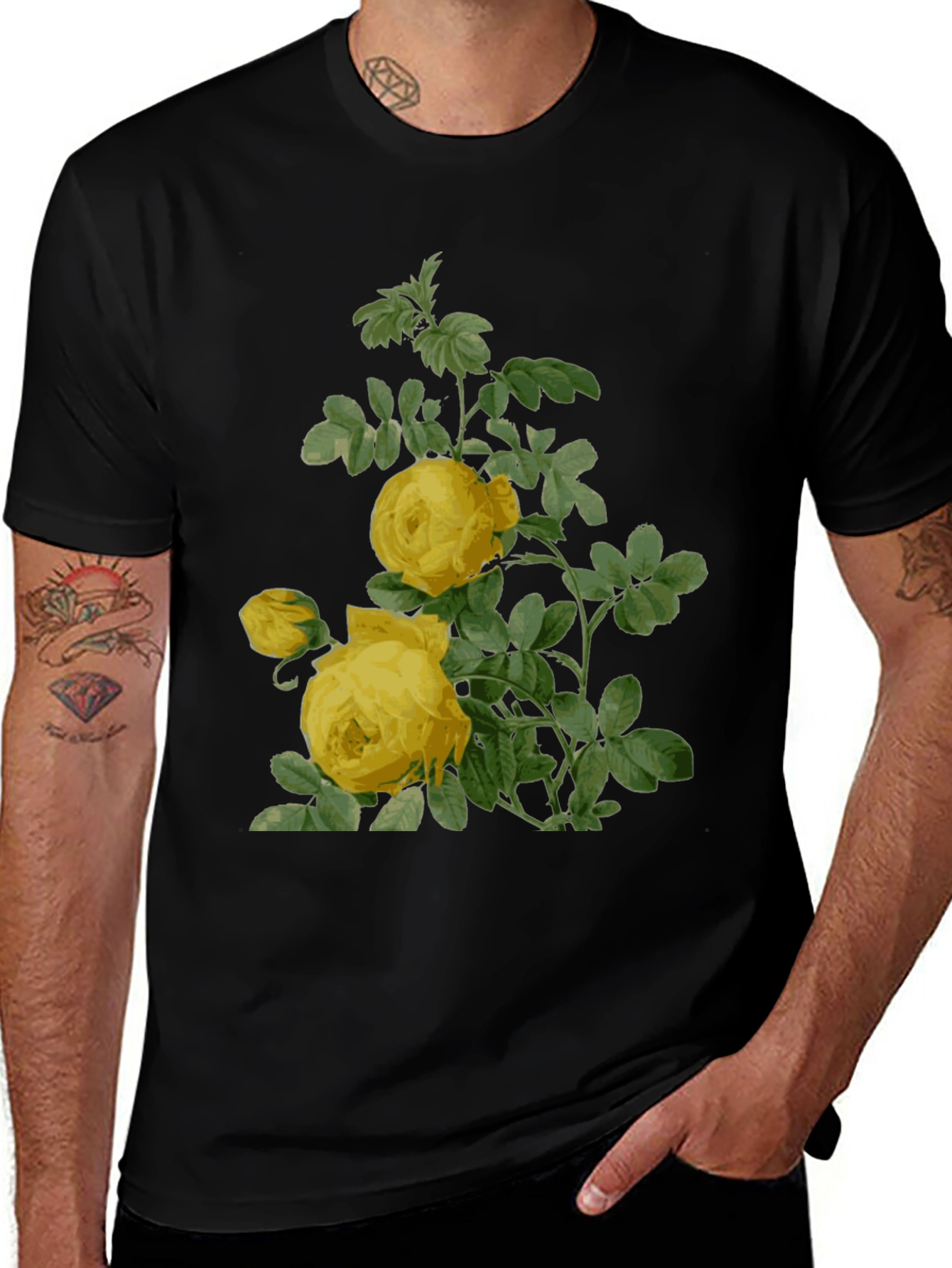 Botanical Yellow Rose Print Black T-Shirt