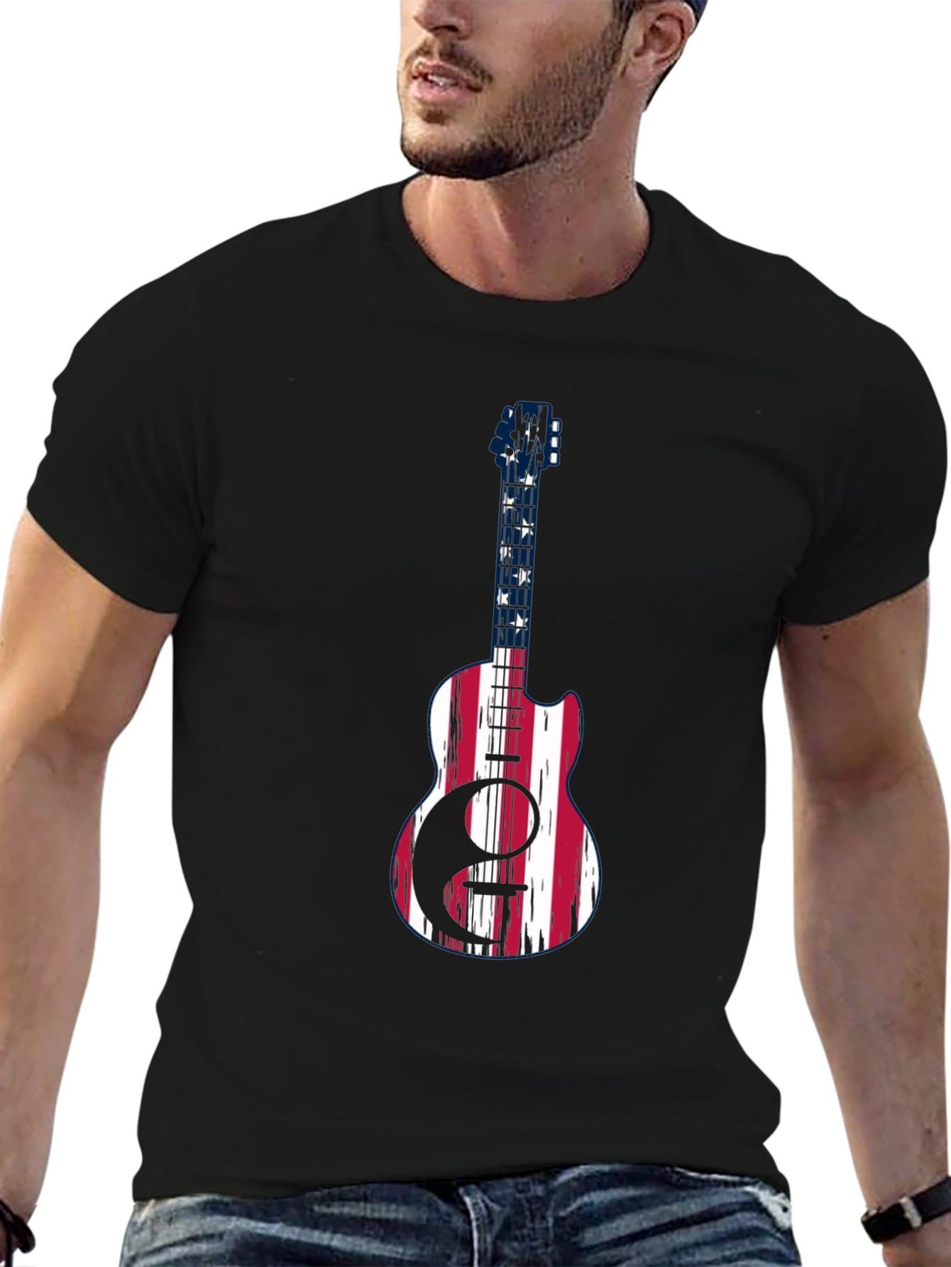 Patriotic Guitar Graphic Tee - USA Flag Design
