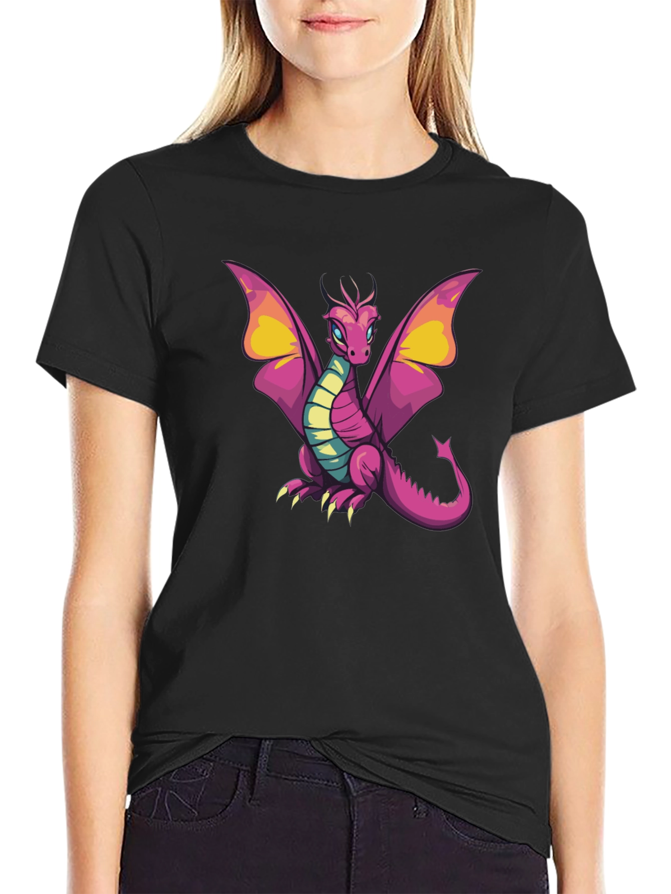 Cartoon Dragon Graphic T-Shirt - Black