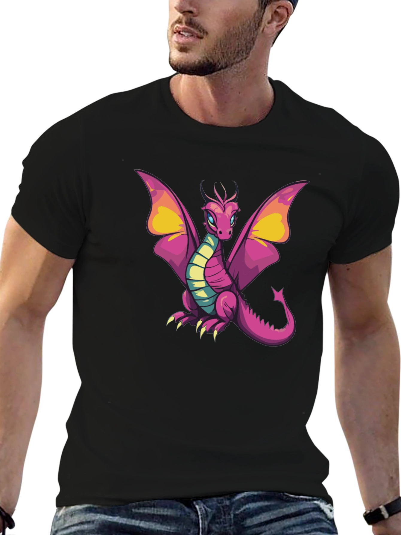 Cartoon Dragon Graphic T-Shirt - Black
