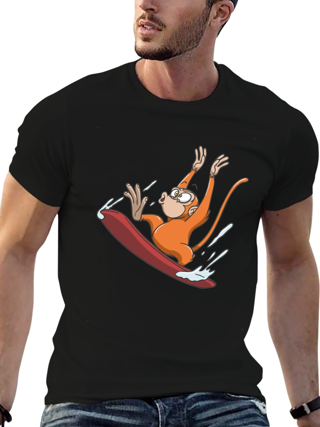 Monkey Surfing T-Shirt - Black Cotton Tee