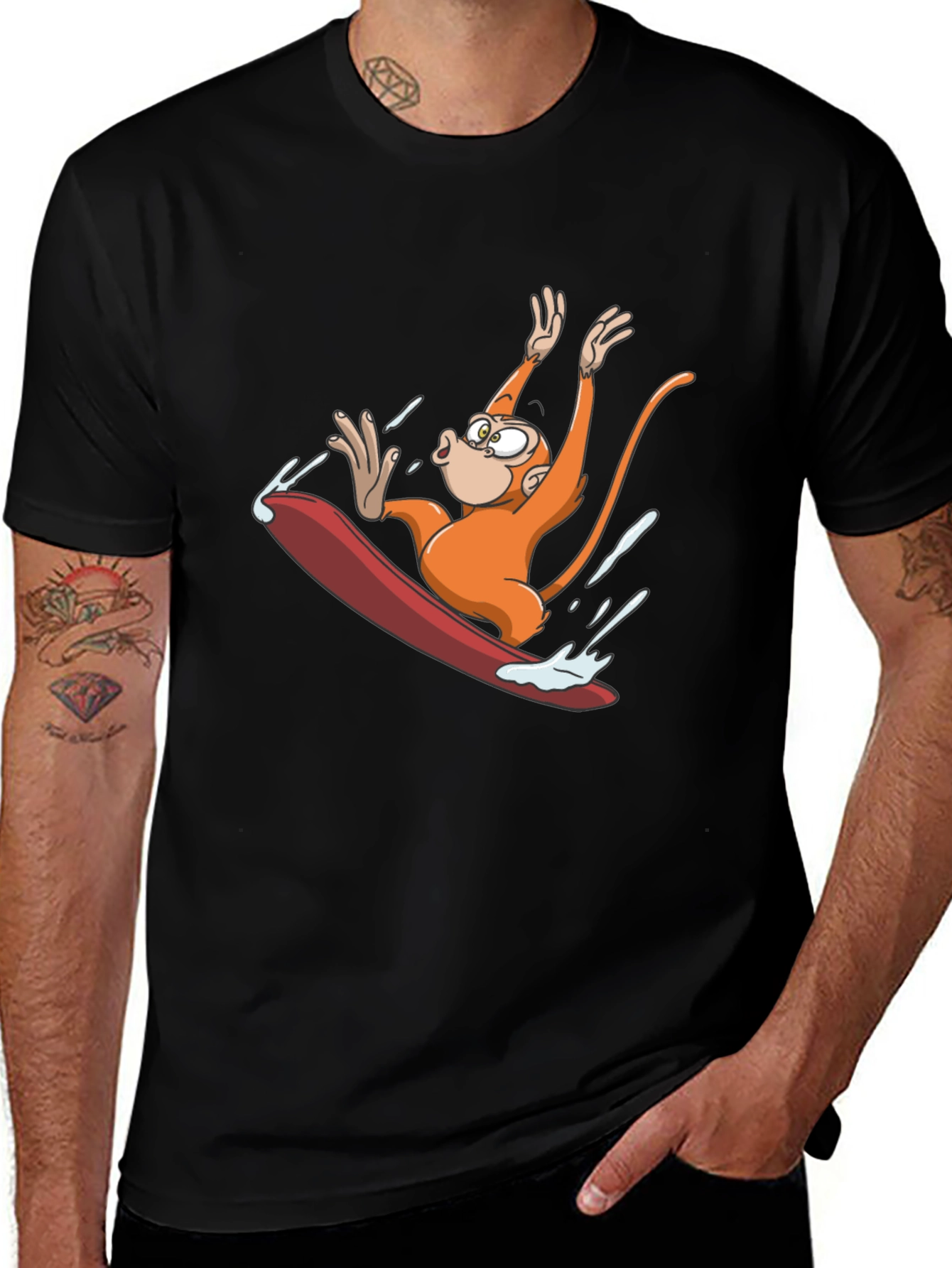 Monkey Surfing T-Shirt - Black Cotton Tee