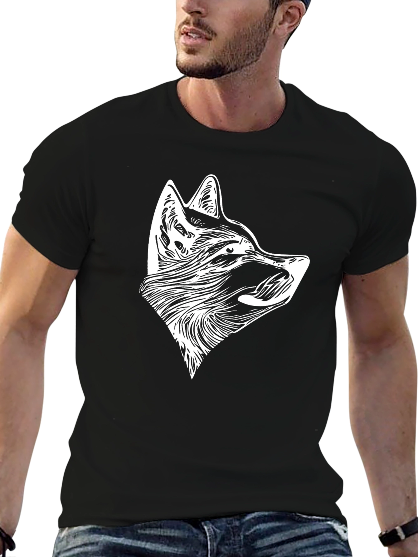Black T-Shirt with White Wolf Head Design