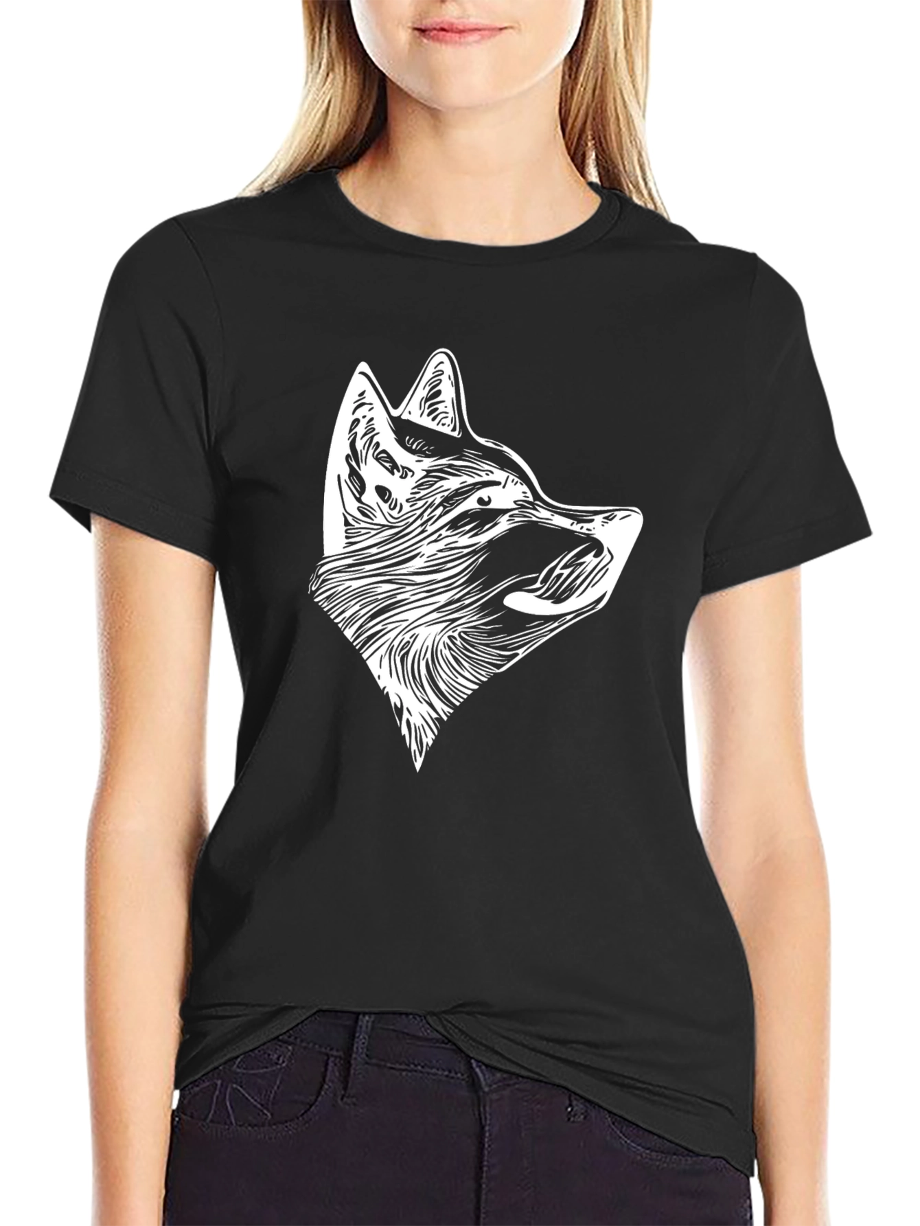 Black T-Shirt with White Wolf Head Design