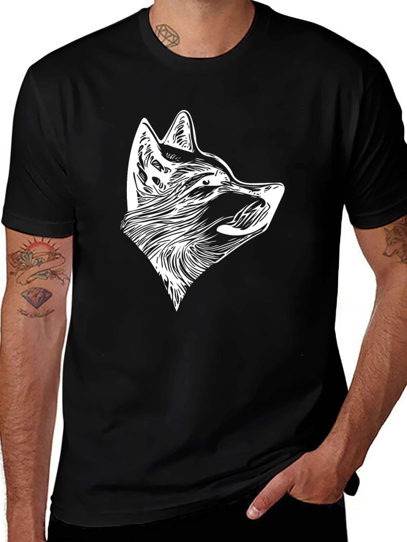 Black T-Shirt with White Wolf Head Design