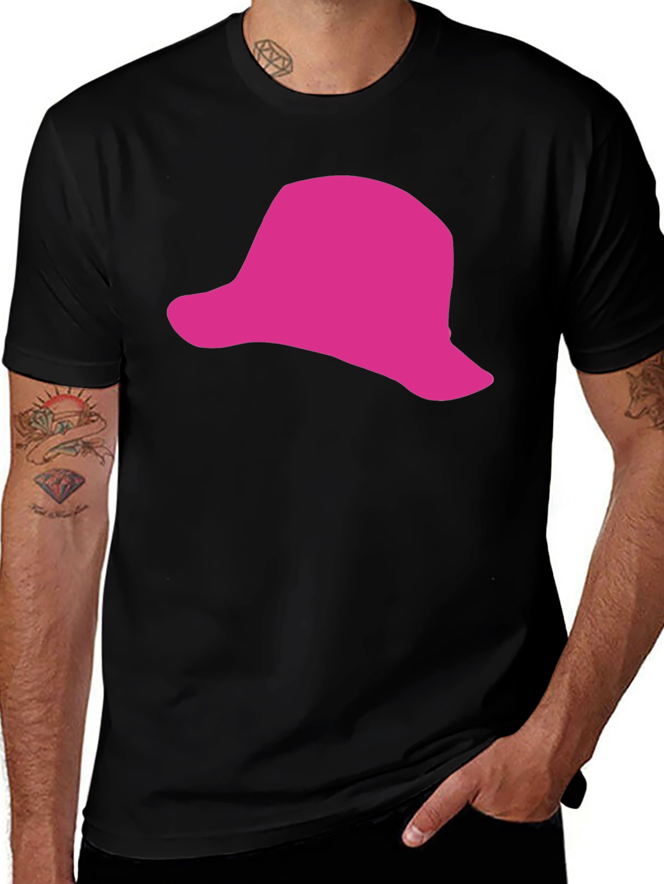 Pink Hat Graphic Black T-Shirt - Casual Style