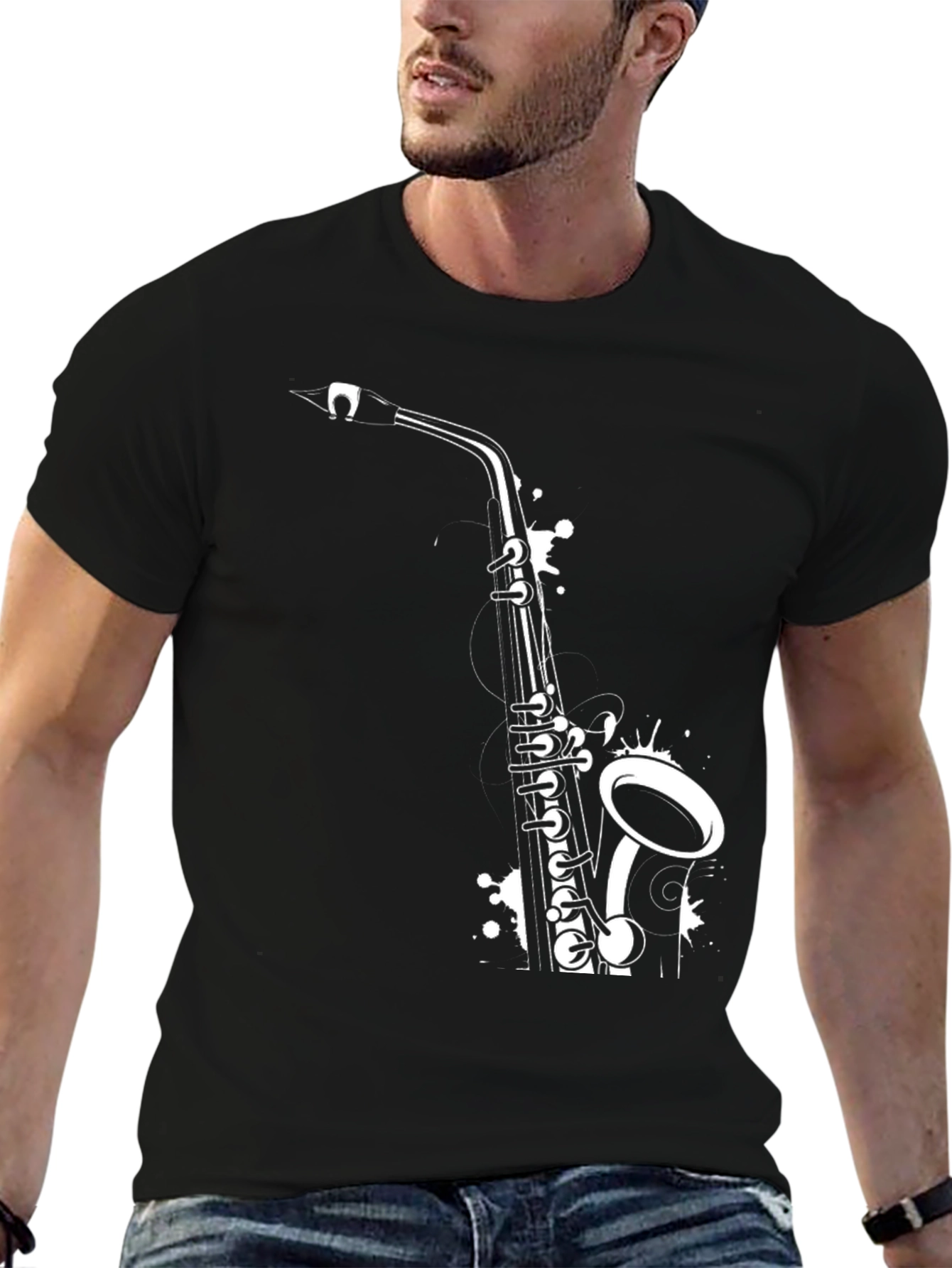 Saxophone Graphic Tee - Black Cotton T-Shirt