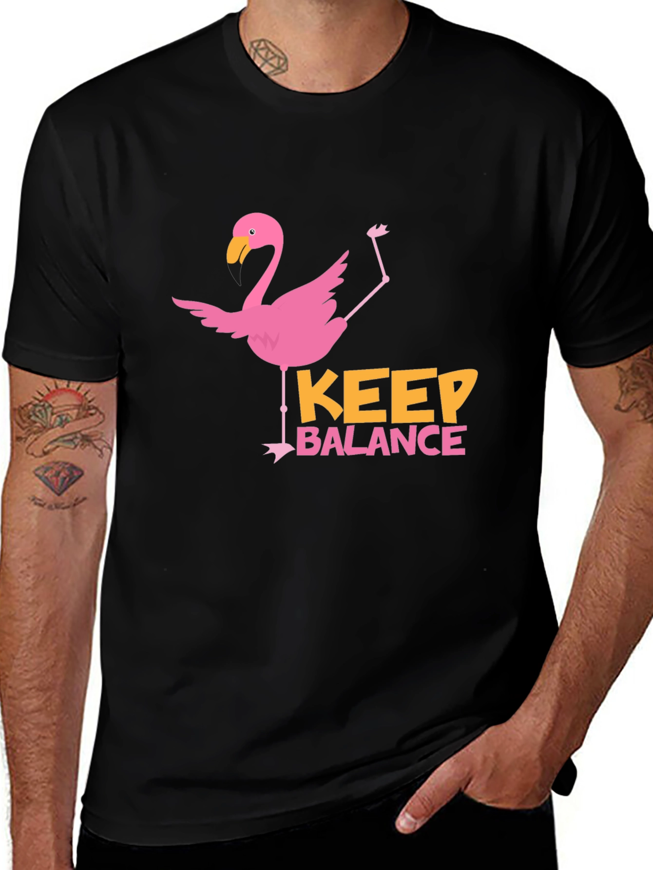 Flamingo Keep Balance Graphic Black T-Shirt