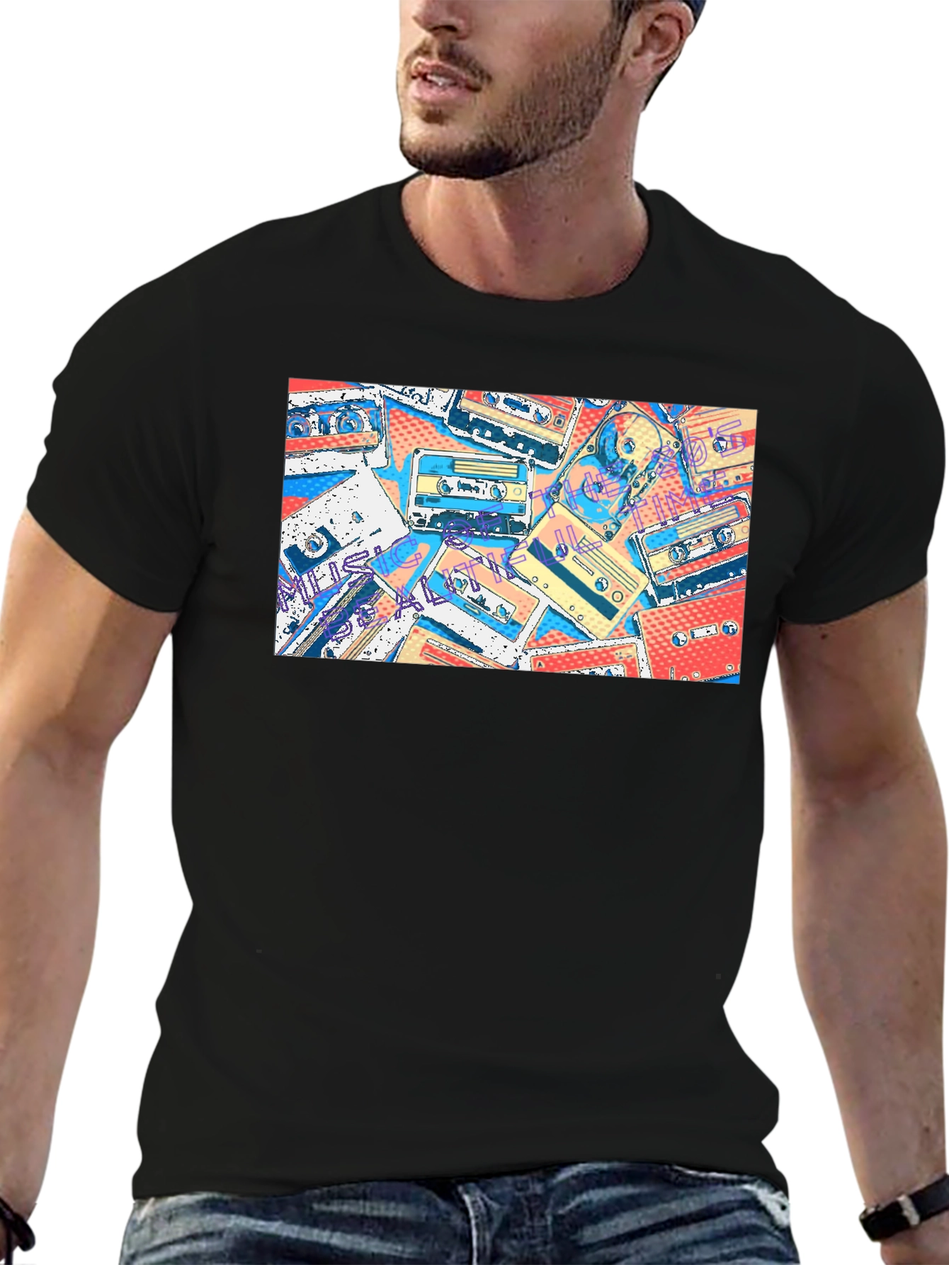 Retro Cassette Tape Print Black T-Shirt