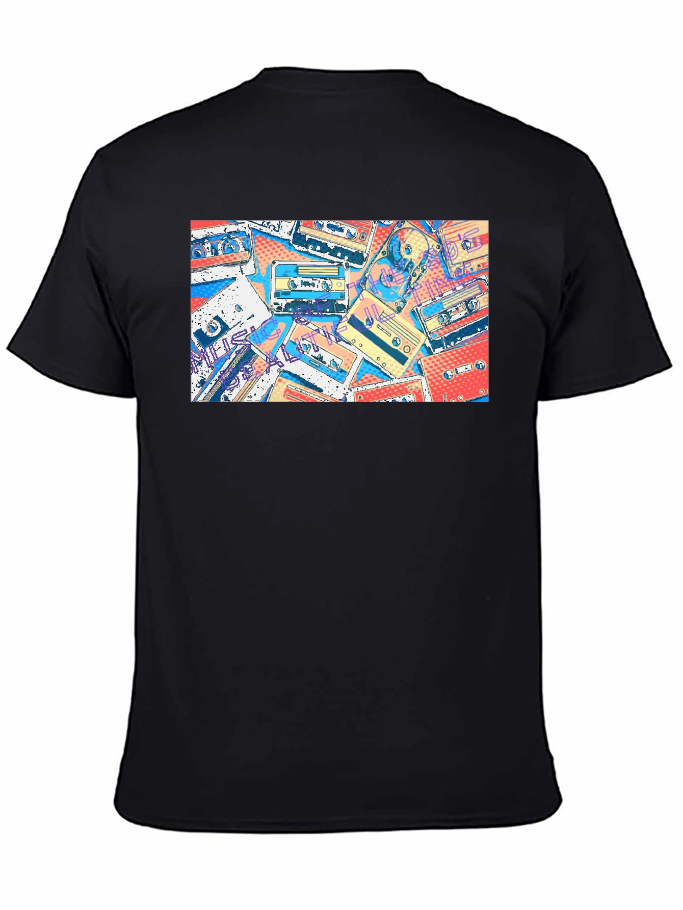 Retro Cassette Tape Print Black T-Shirt