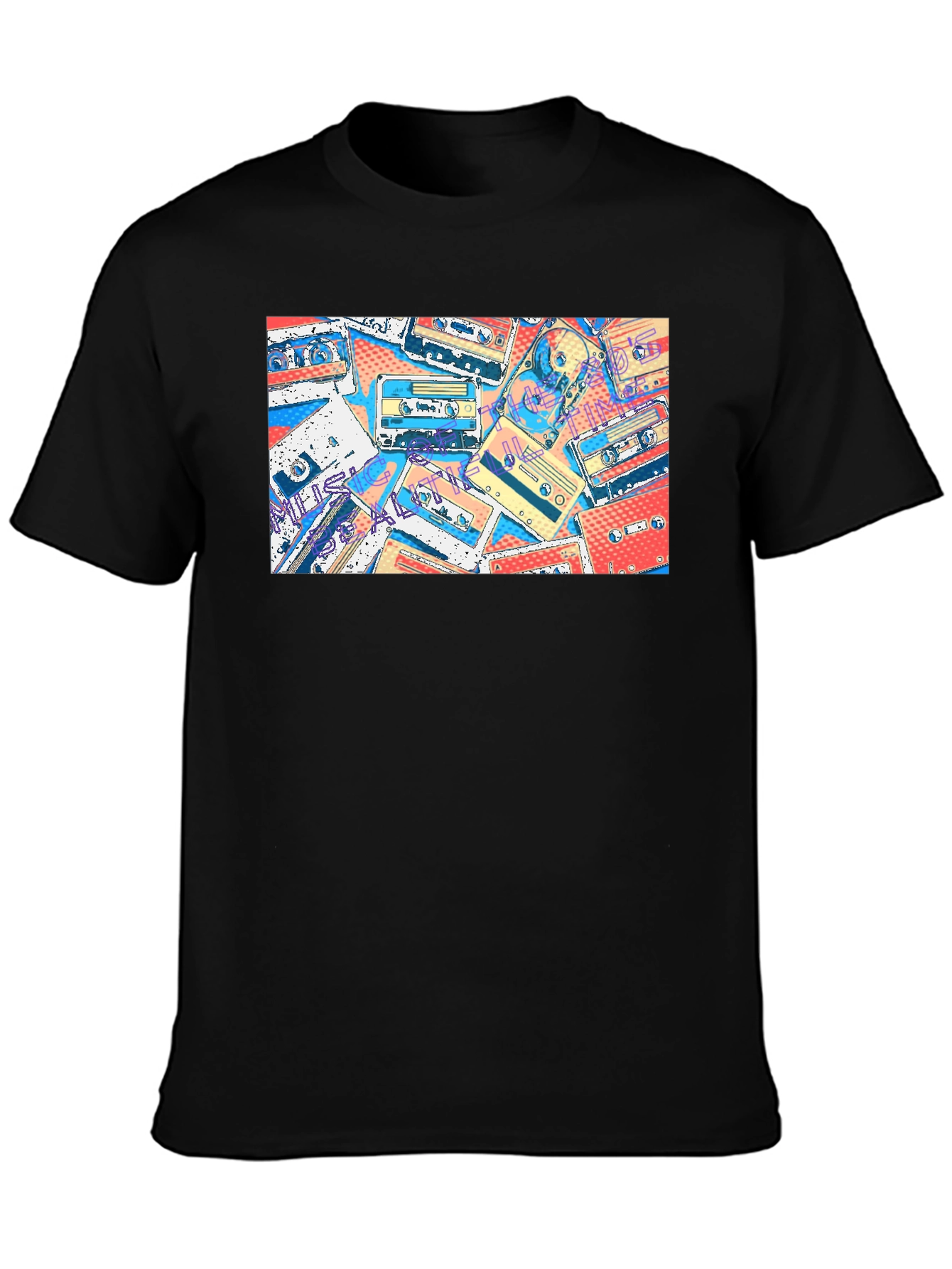 Retro Cassette Tape Print Black T-Shirt