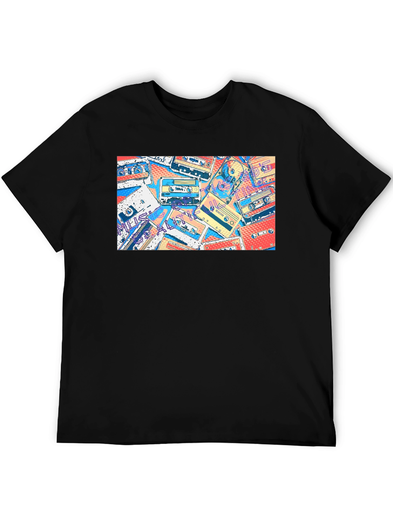 Retro Cassette Tape Print Black T-Shirt