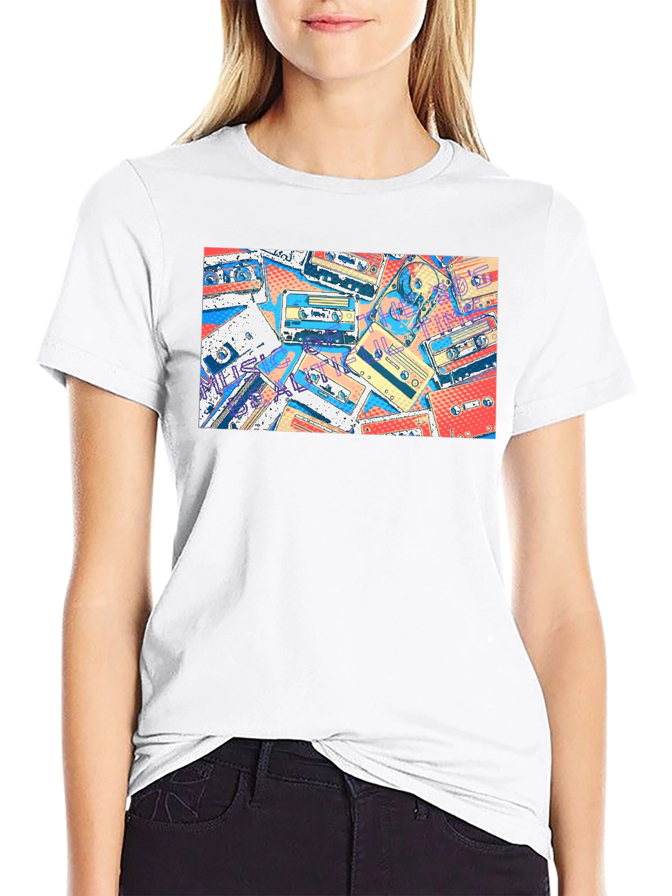 Retro Cassette Tape Print Black T-Shirt