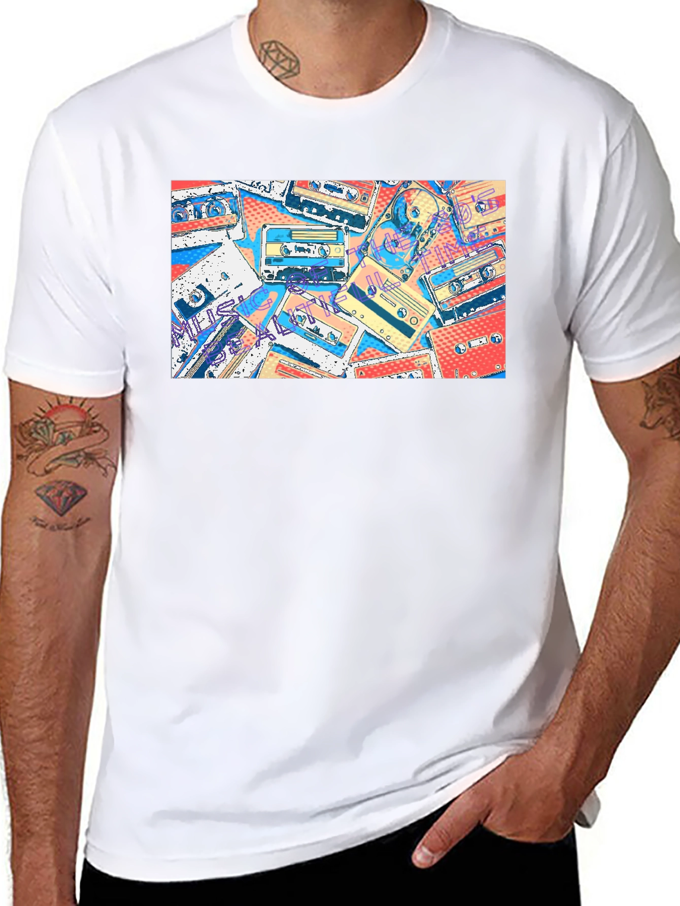 Retro Cassette Tape Print Black T-Shirt