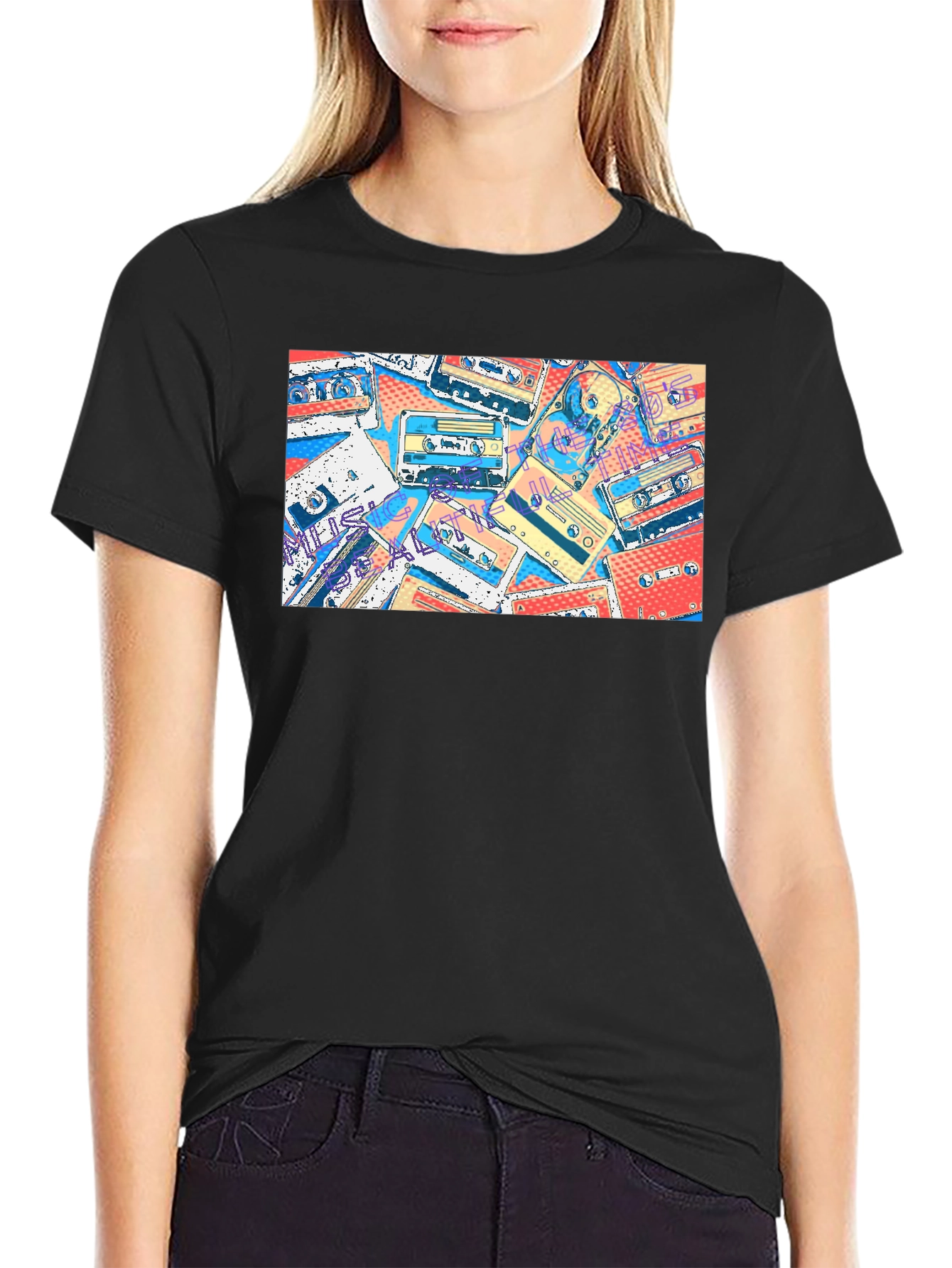 Retro Cassette Tape Print Black T-Shirt