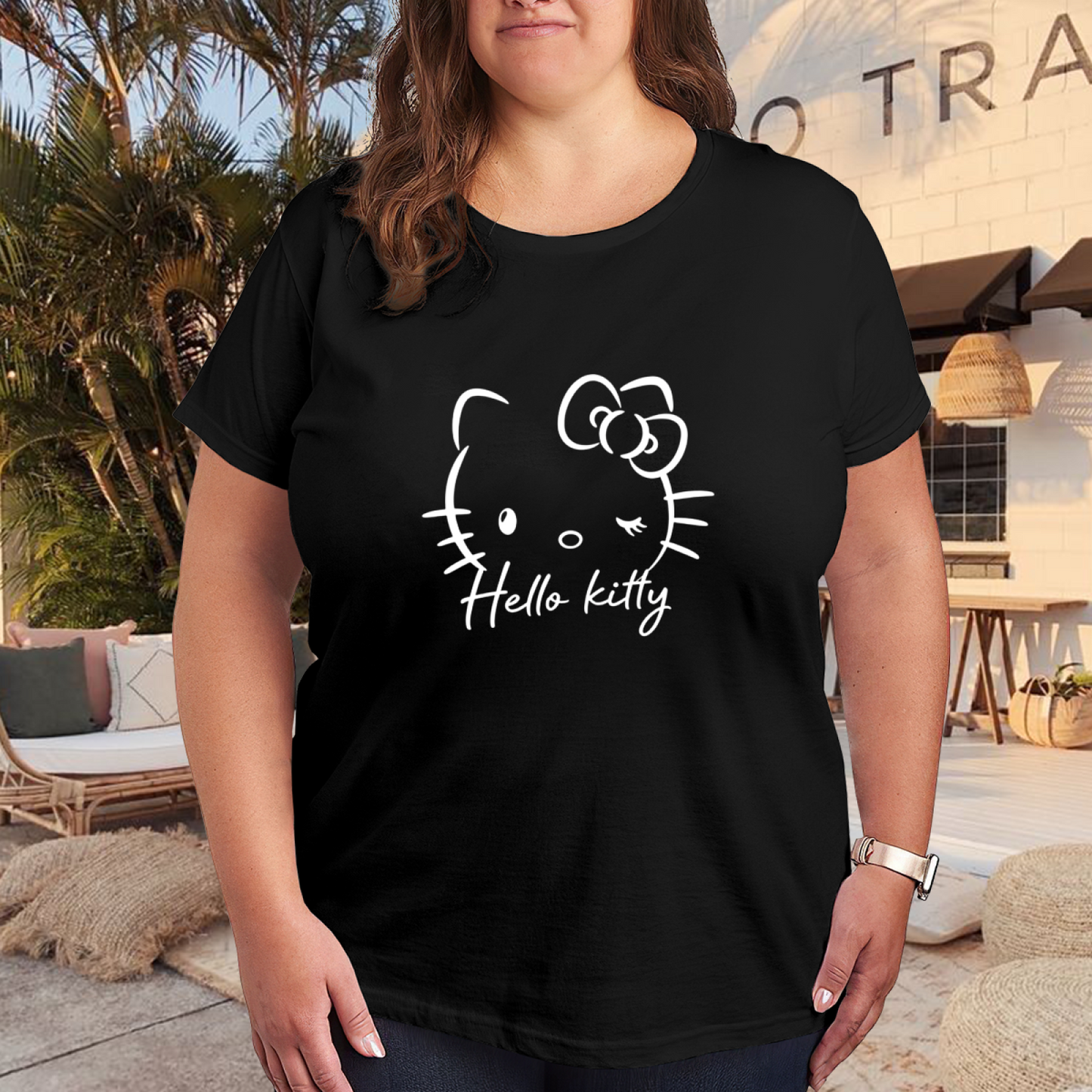 Plus Size Women Minimal Winking Hello Kitty Outline Black Plus?Size Tee