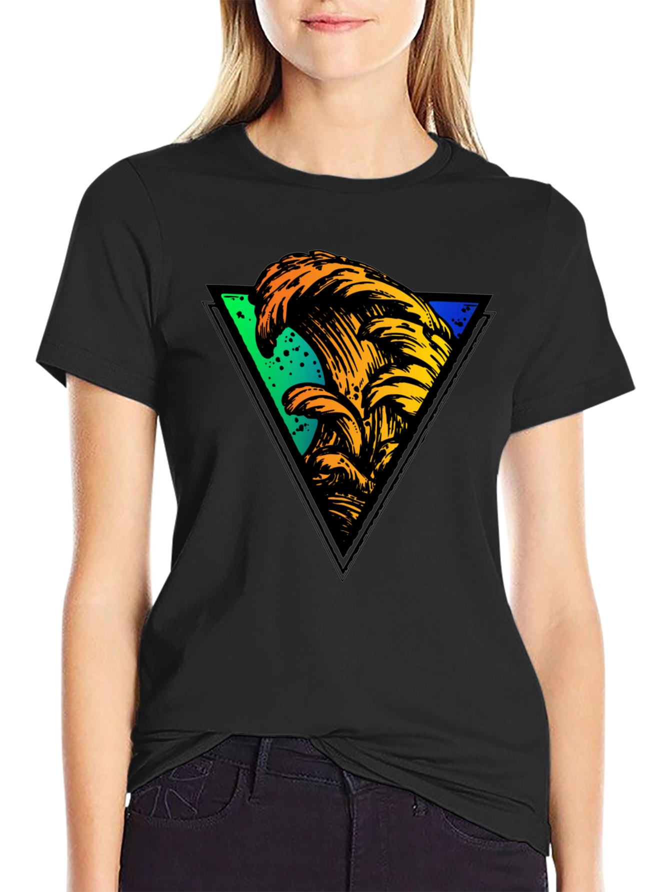 Wave Triangle Graphic Tee - Black Cotton T-Shirt