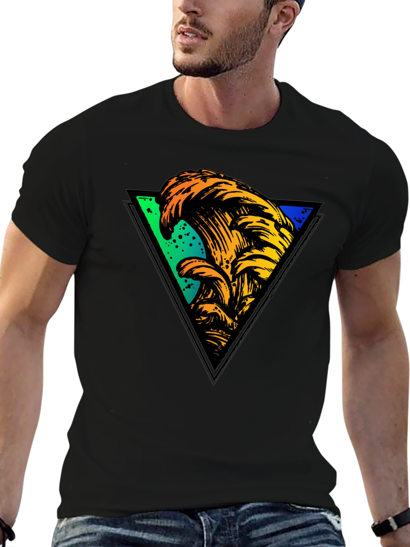 Wave Triangle Graphic Tee - Black Cotton T-Shirt