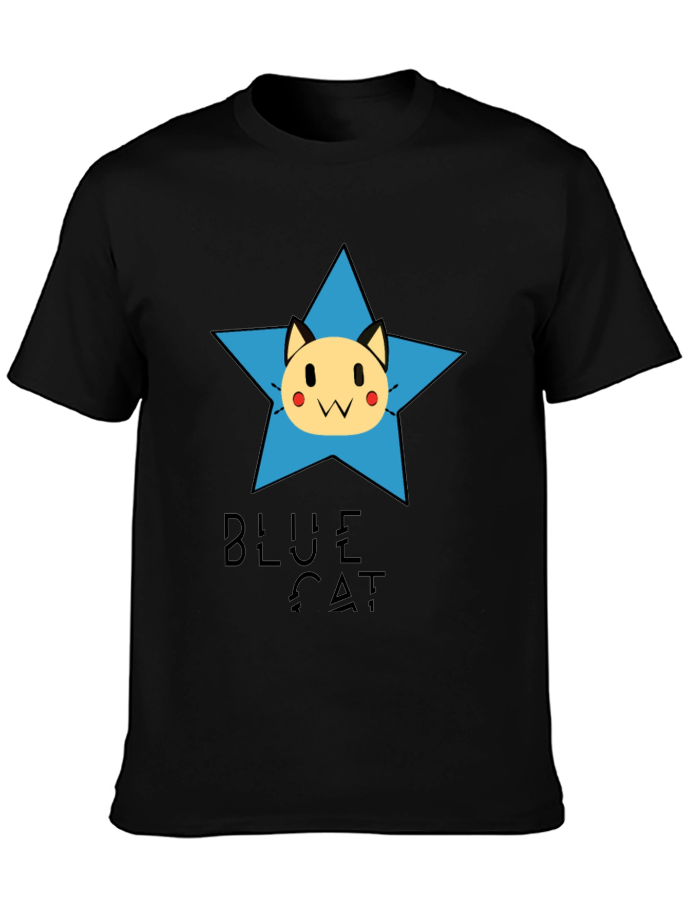 Blue Cat Star Graphic Tee - Black Cotton T-Shirt