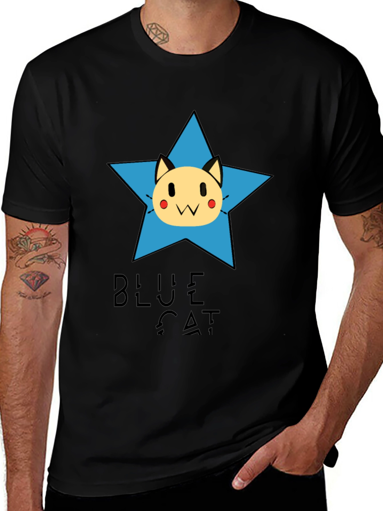 Blue Cat Star Graphic Tee - Black Cotton T-Shirt