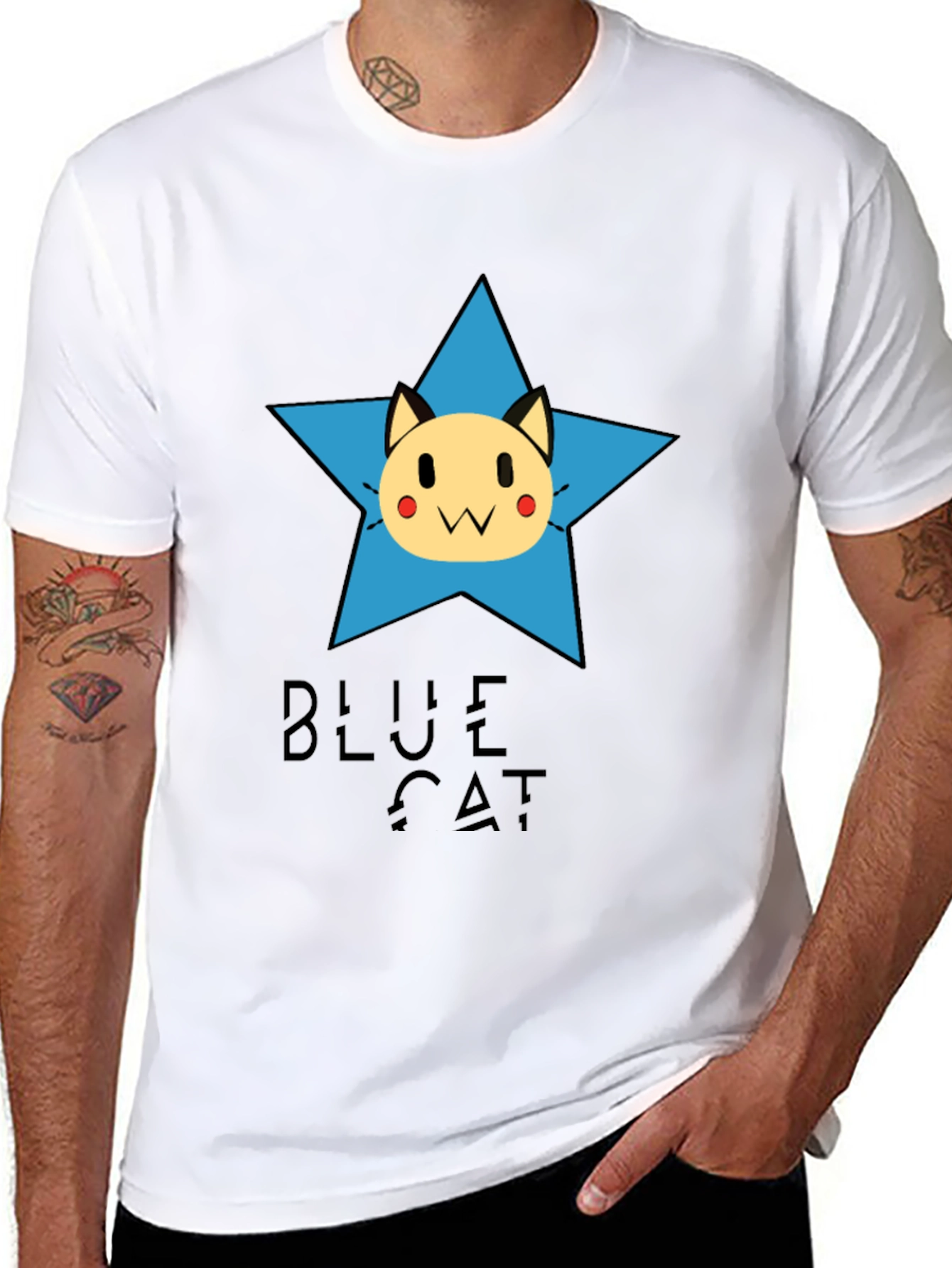 Blue Cat Star Graphic Tee - Black Cotton T-Shirt
