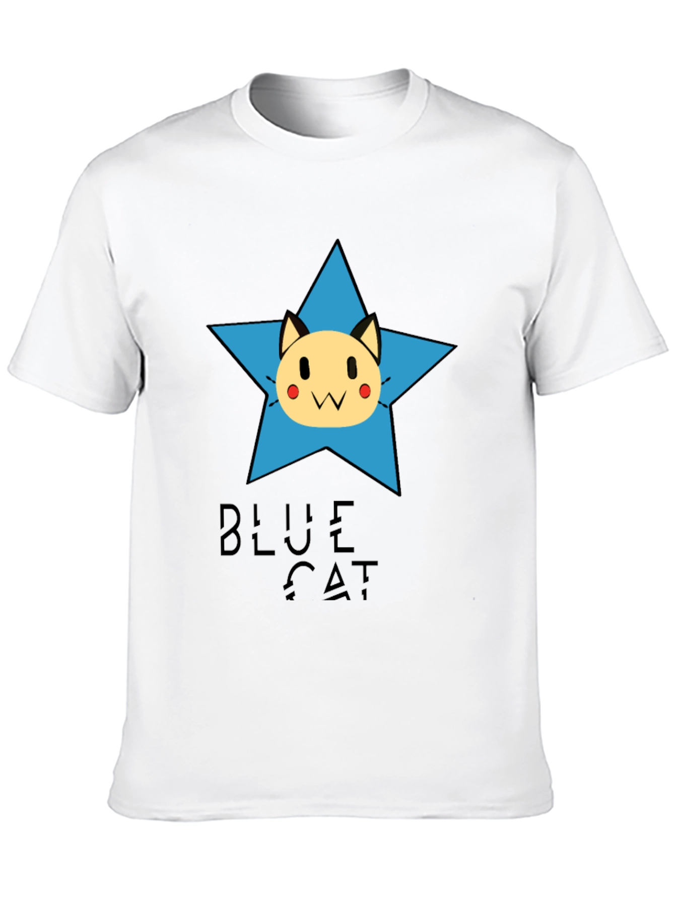 Blue Cat Star Graphic Tee - Black Cotton T-Shirt