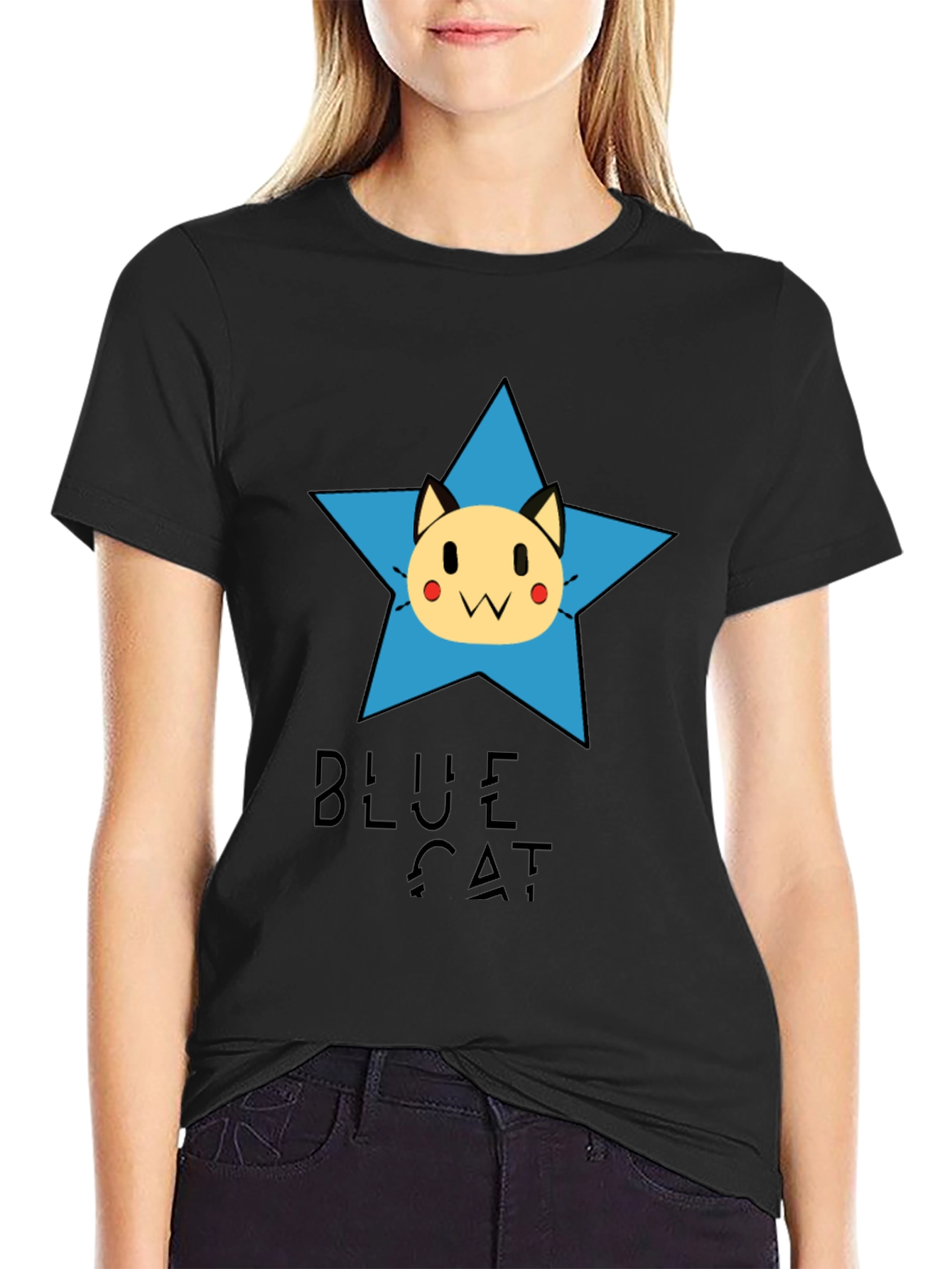 Blue Cat Star Graphic Tee - Black Cotton T-Shirt