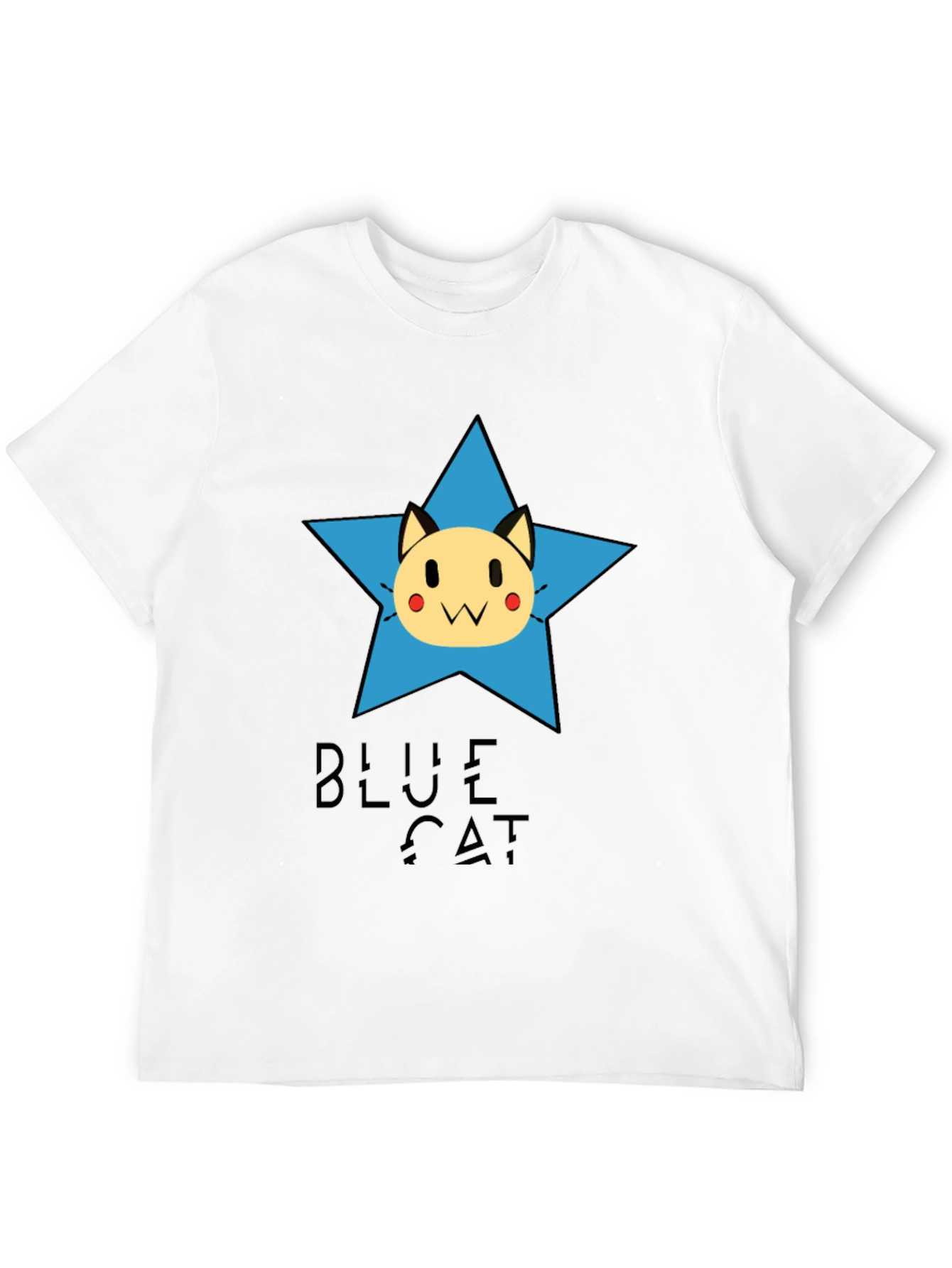Blue Cat Star Graphic Tee - Black Cotton T-Shirt
