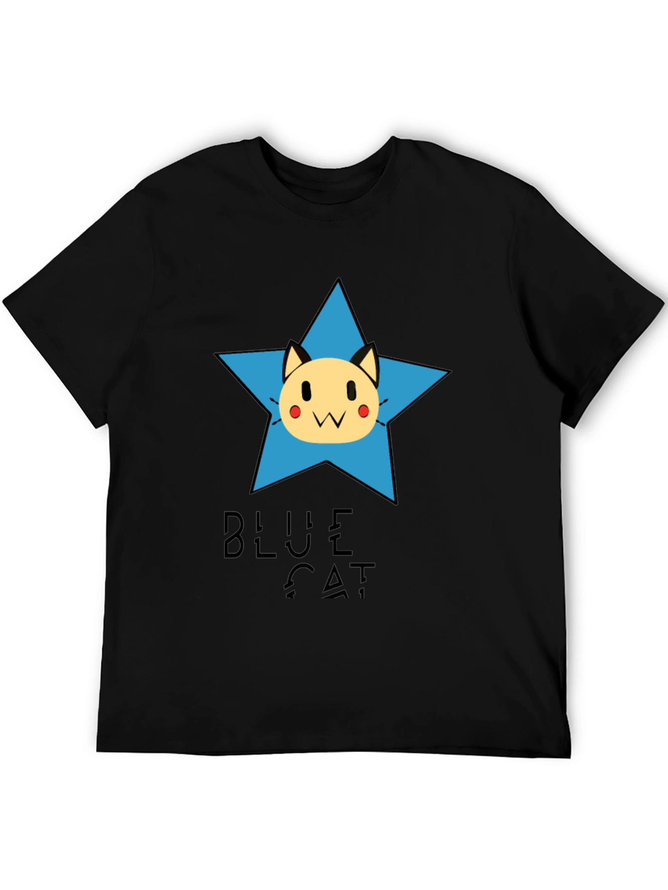 Blue Cat Star Graphic Tee - Black Cotton T-Shirt