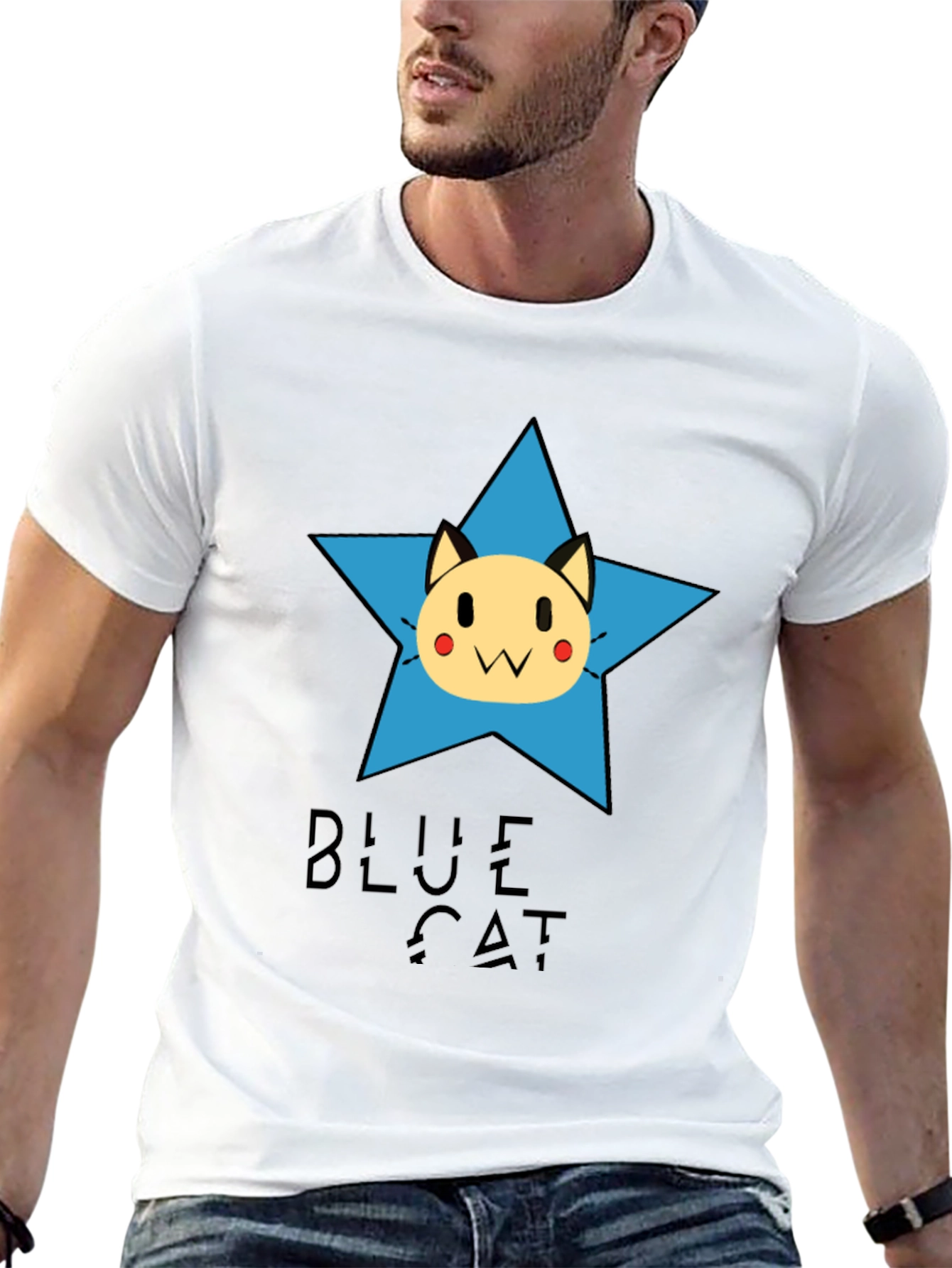 Blue Cat Star Graphic Tee - Black Cotton T-Shirt