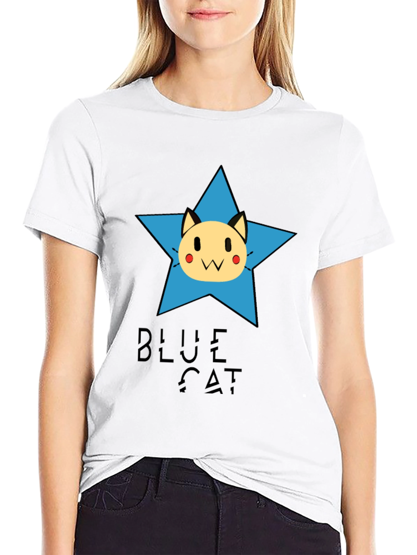 Blue Cat Star Graphic Tee - Black Cotton T-Shirt