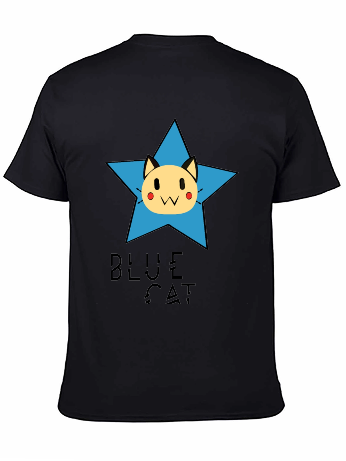 Blue Cat Star Graphic Tee - Black Cotton T-Shirt