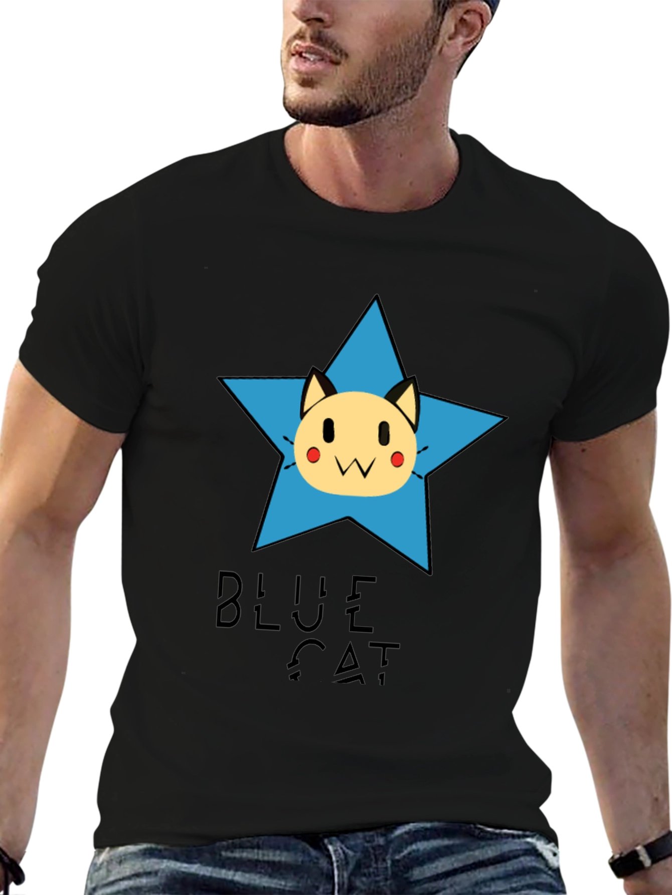 Blue Cat Star Graphic Tee - Black Cotton T-Shirt