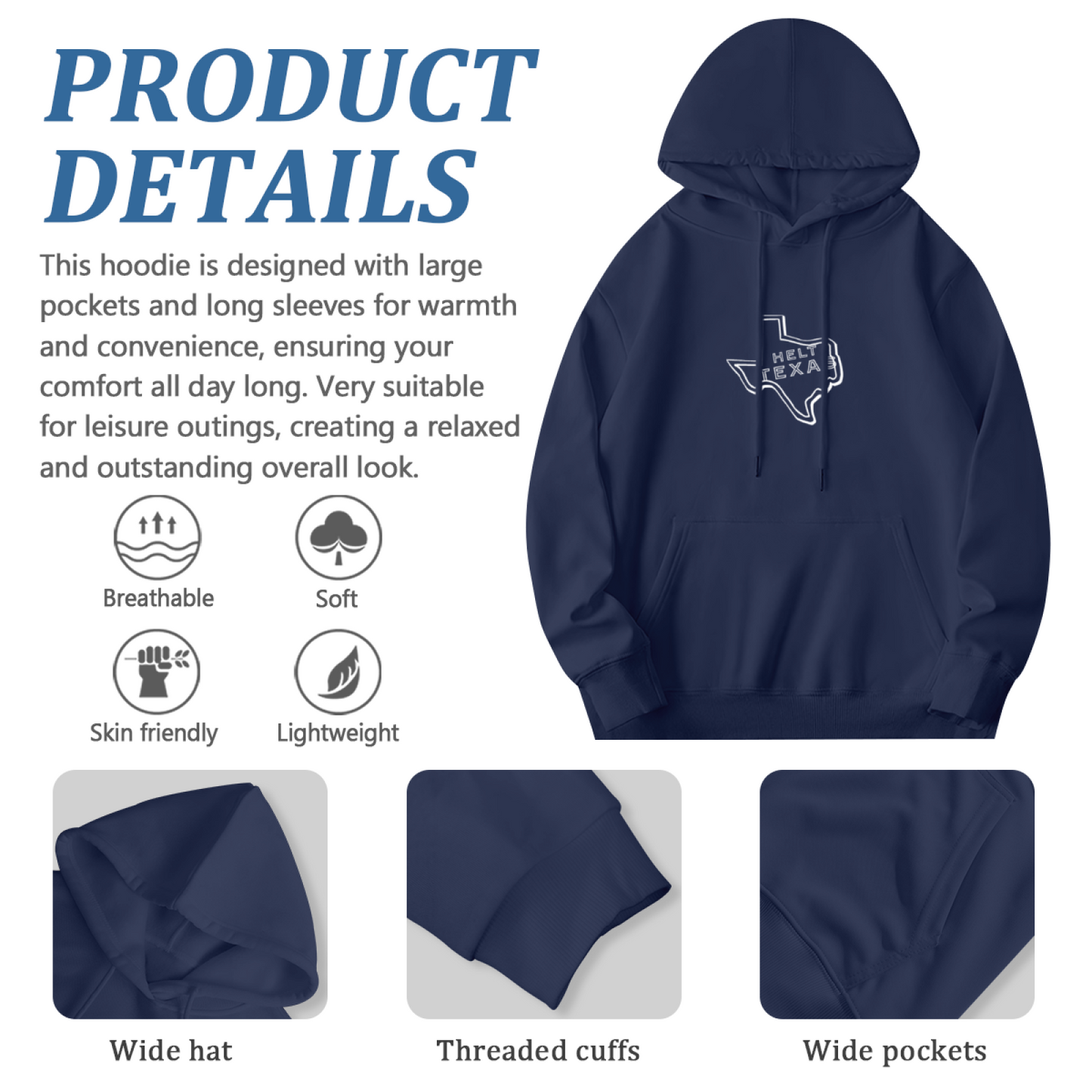 Hello Texas State Map Cozy Navy Hoodie, Southern Comfort Top