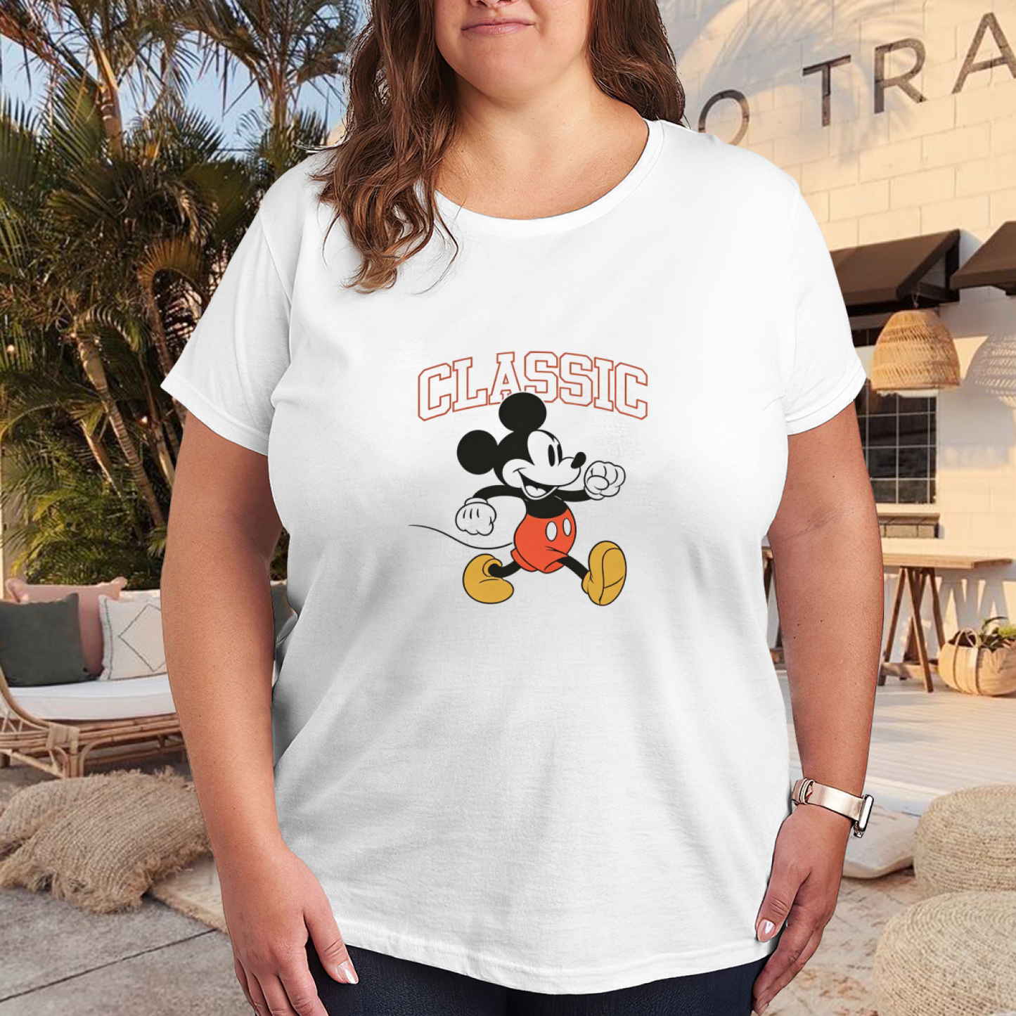 Plus Size Women Retro Classic Walking Mickey Mouse Graphic Women Tee