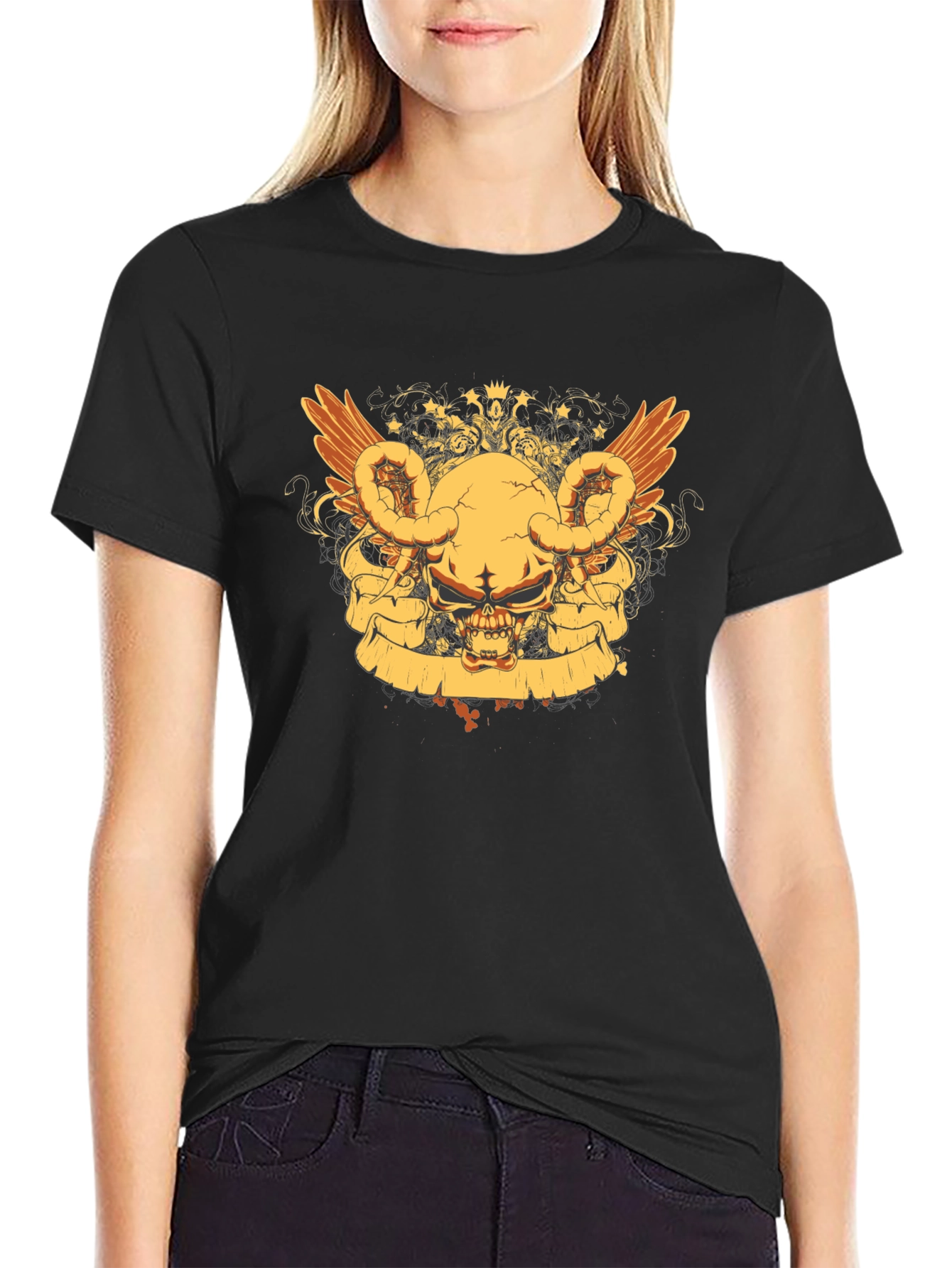 Skull Wings Graphic Tee - Black Cotton Blend