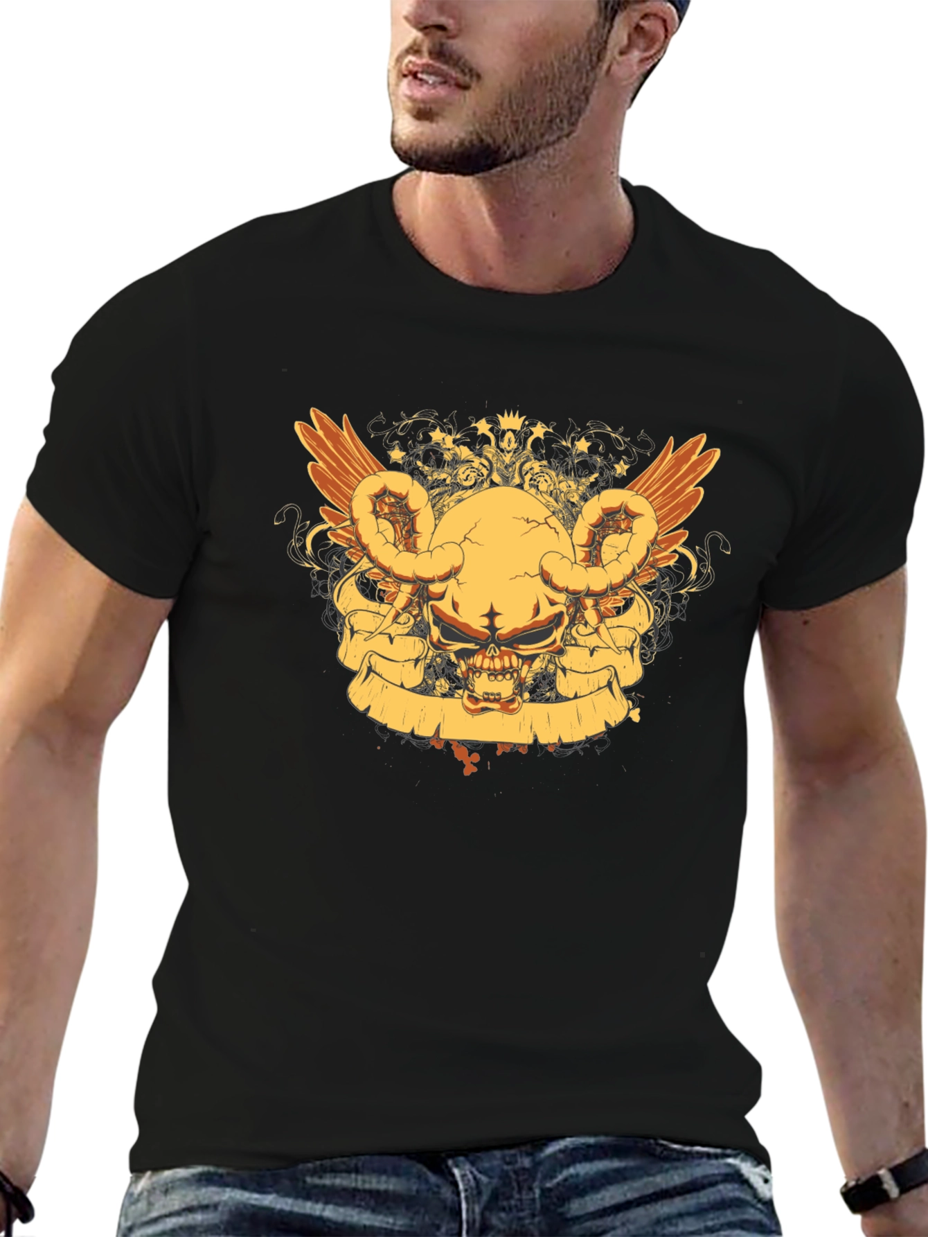 Skull Wings Graphic Tee - Black Cotton Blend