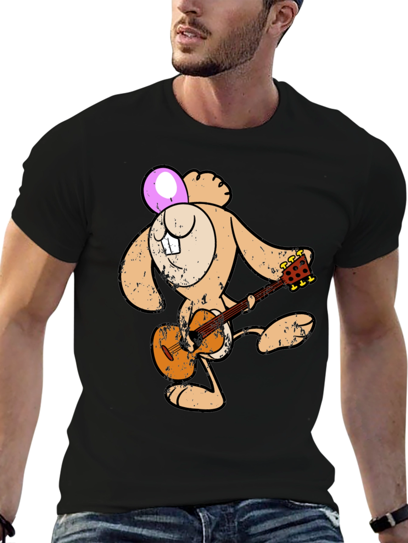 Cartoon Bunny Playing Guitar Graphic Tee