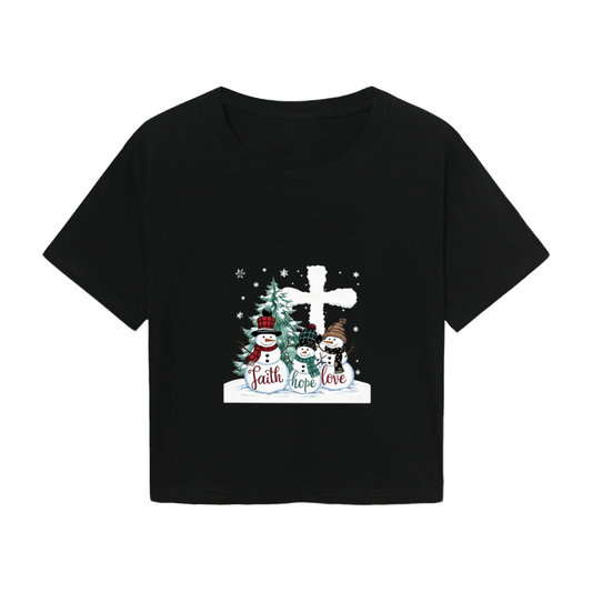 Faith Hope Love Snowman Cross Christmas Holiday Crop Tee
