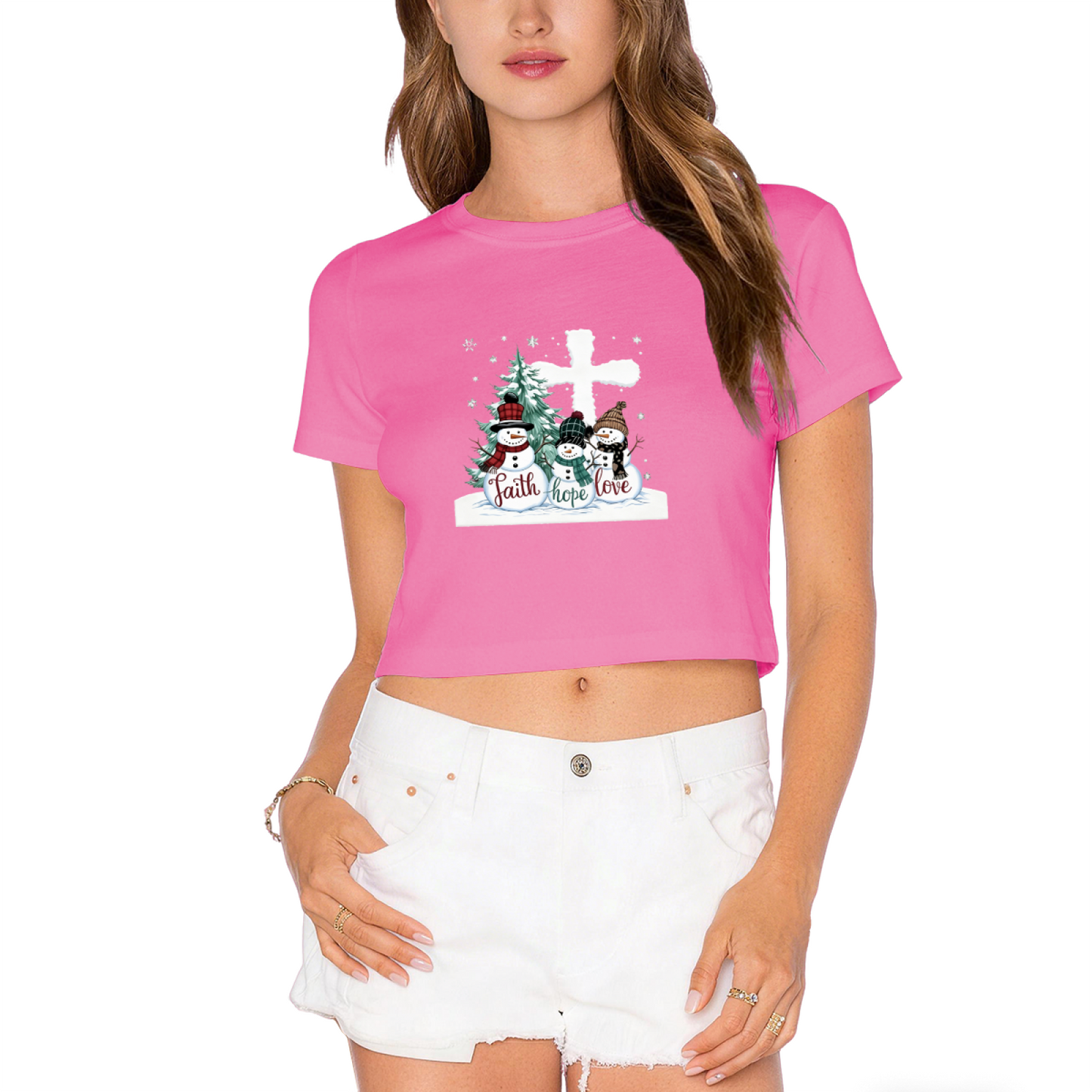 Faith Hope Love Snowman Cross Christmas Holiday Crop Tee