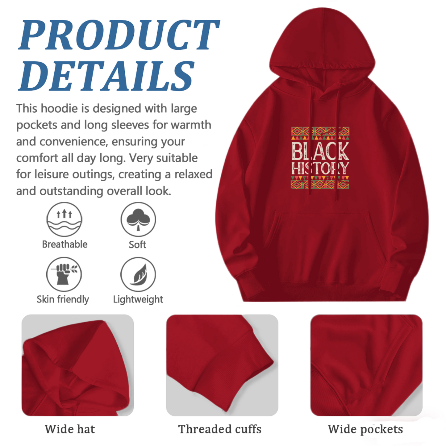 Retro African Pattern Black History Graphic Hoodie, Cozy Casual Fit
