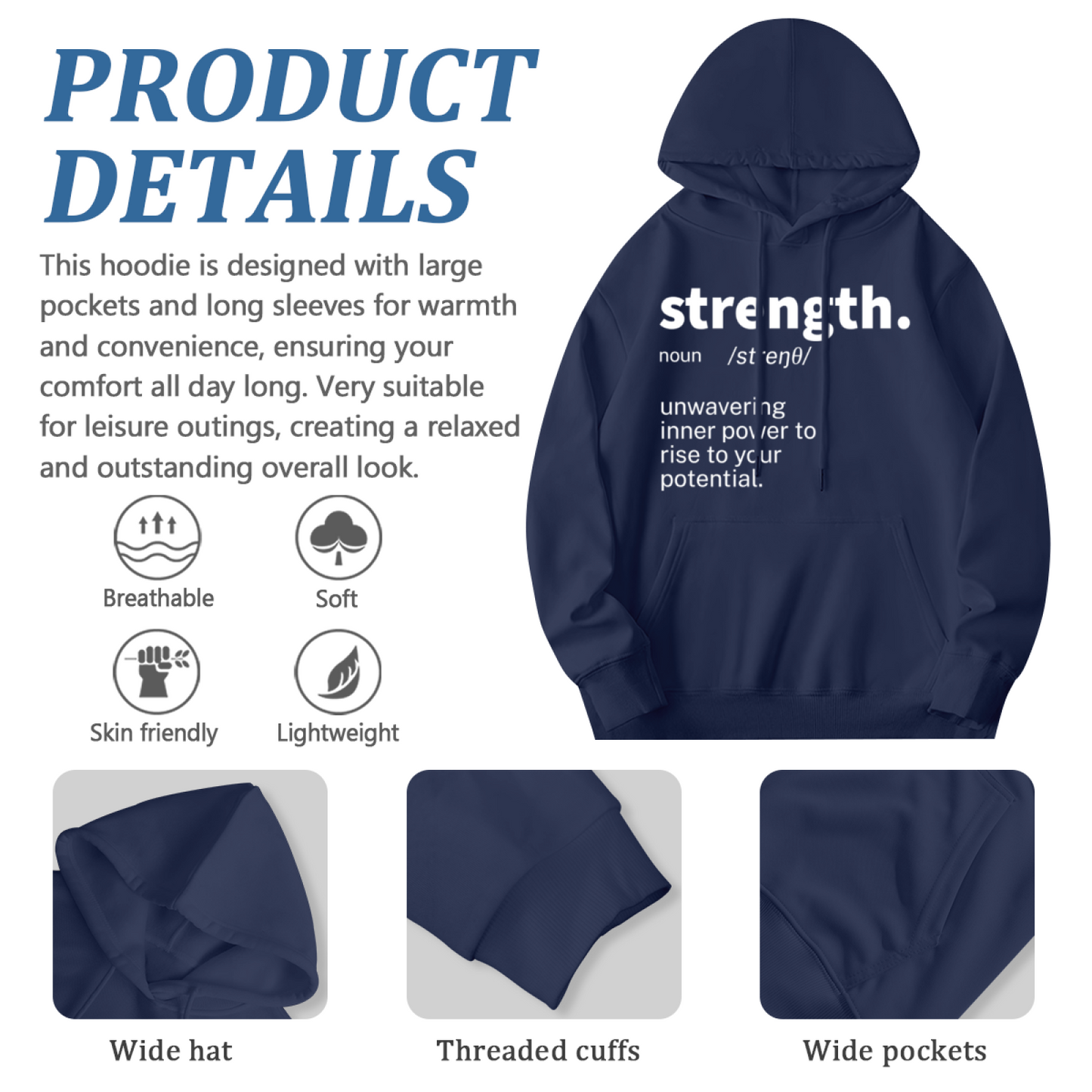 Strength Definition Text Unisex Hoodie, Ultra Soft Loungewear
