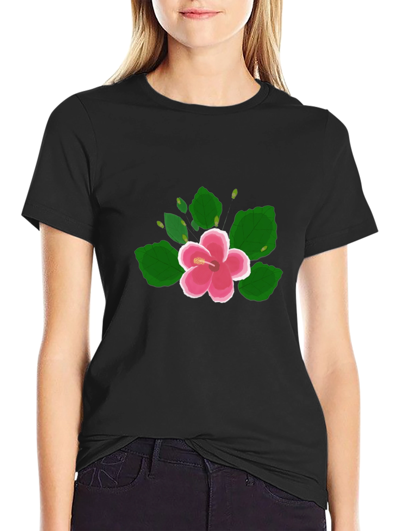 Hibiscus Flower Graphic Black T-Shirt