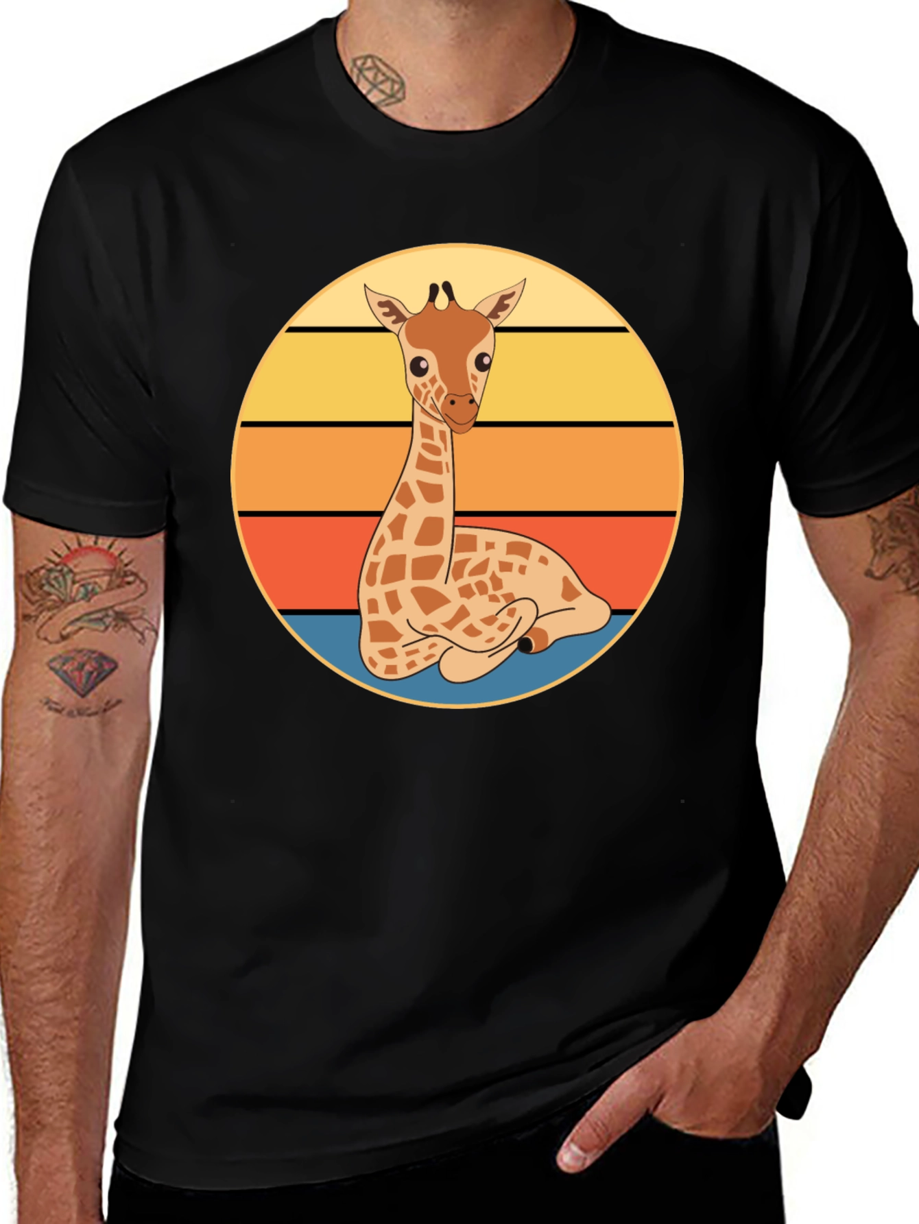 Giraffe Sunset Graphic Tee - Cute Cartoon Design