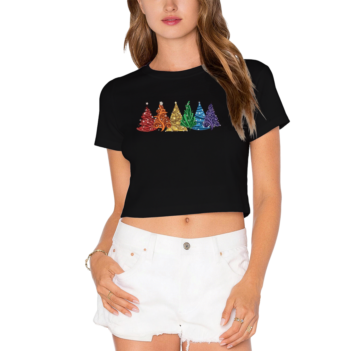 Rainbow Colorful Christmas Trees Trendy Crop Tee