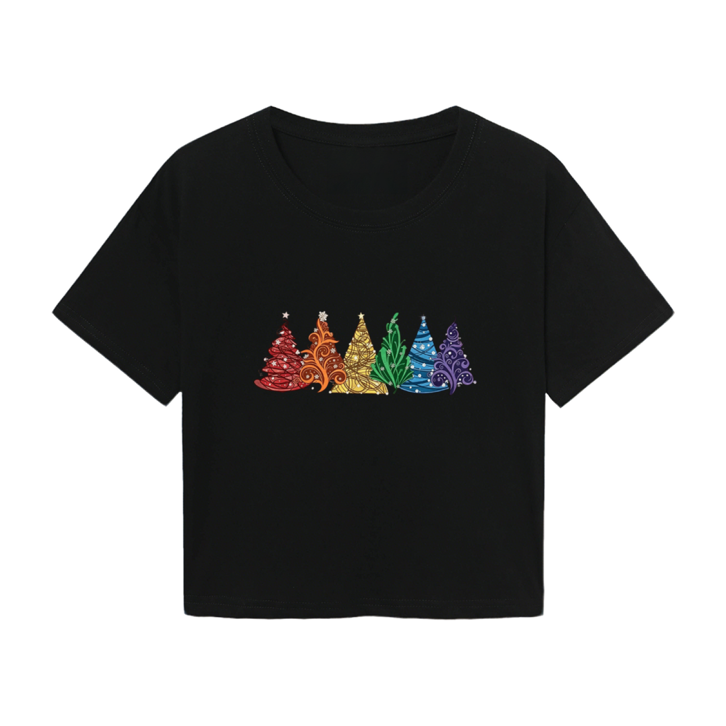 Rainbow Colorful Christmas Trees Trendy Crop Tee